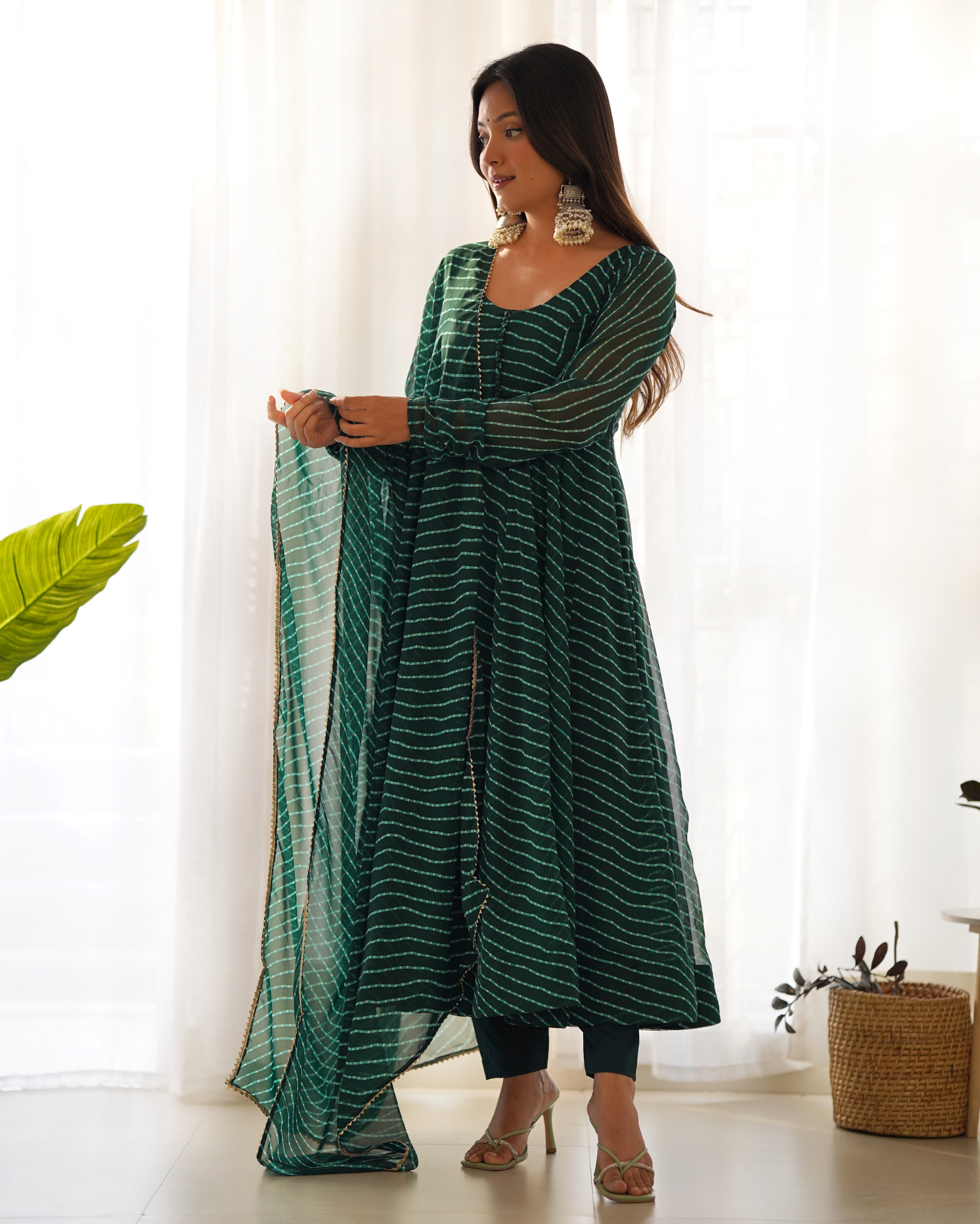 BOTTLEGREEN-Fully Stitched Ready To Wear Pure Soft Fox Georgette Laheriya Print Fabric Fully Flair Anarkali Gown Set.