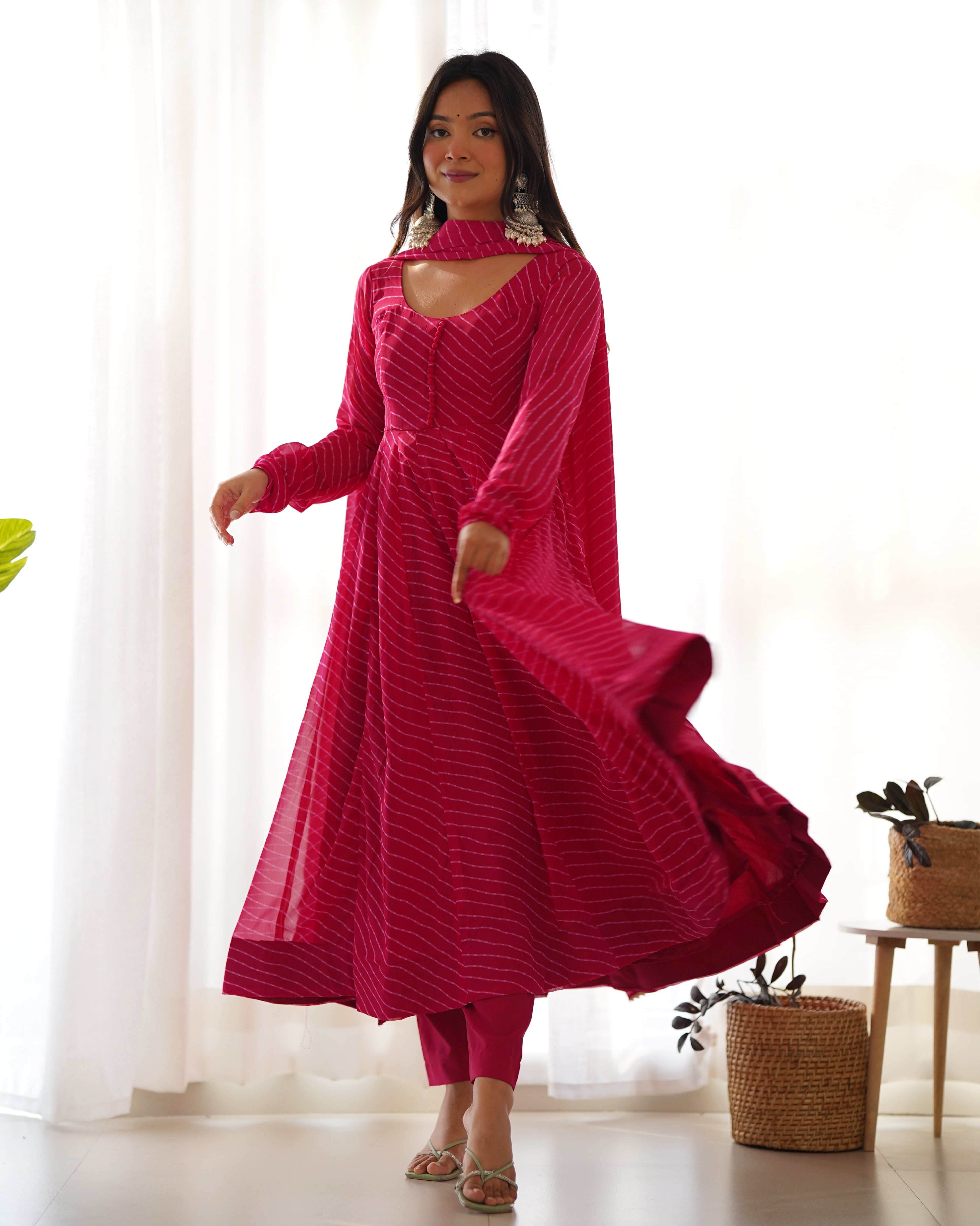 RANIPINK -Fully Stitched Ready To Wear Pure Soft Fox Georgette Laheriya Print Fabric Fully Flair Anarkali Gown Set.