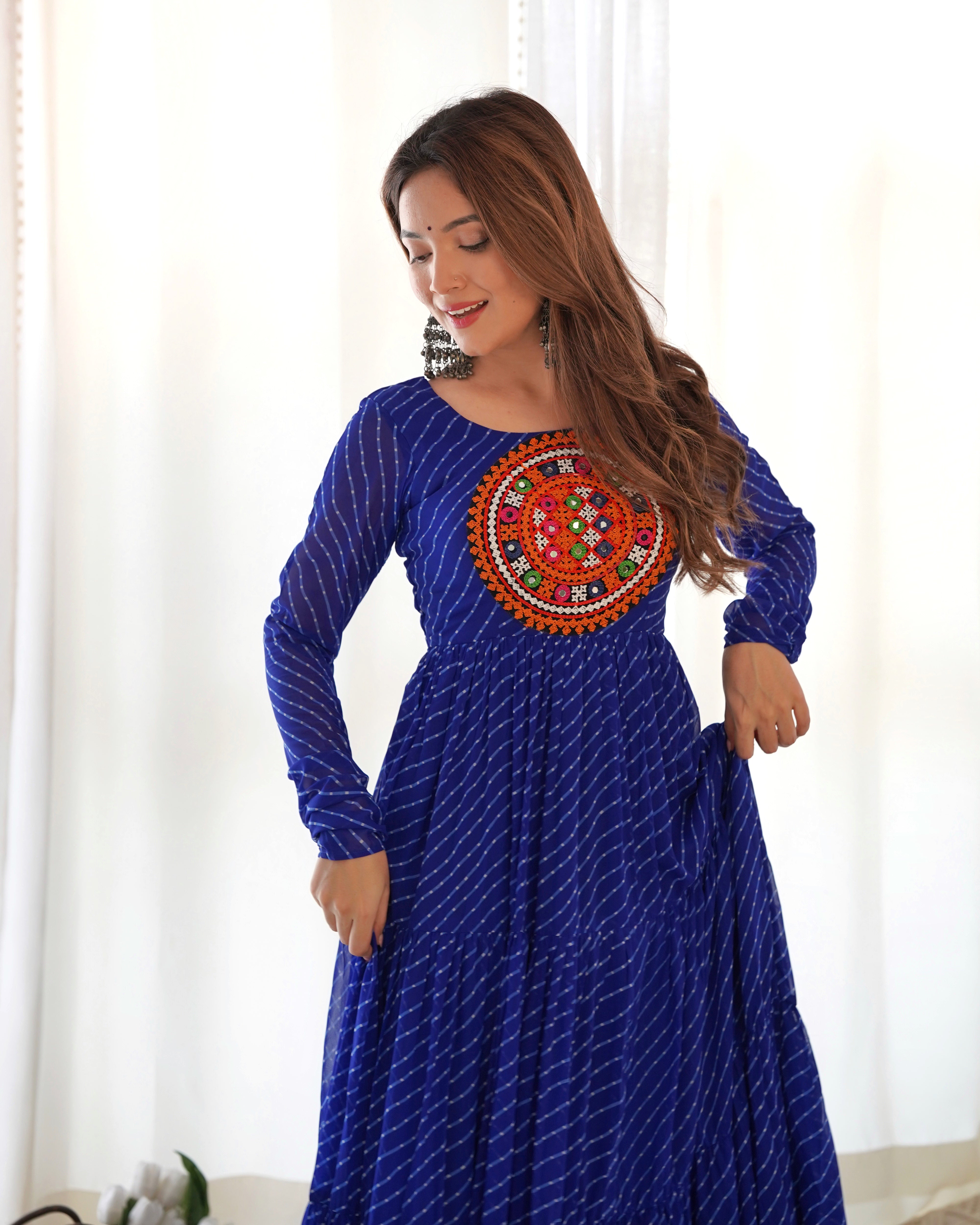 Fully Stitched Ready To Wear Soft Fox Georgette Laheriya Print Fabric Fully Flair Anarkali Gown.