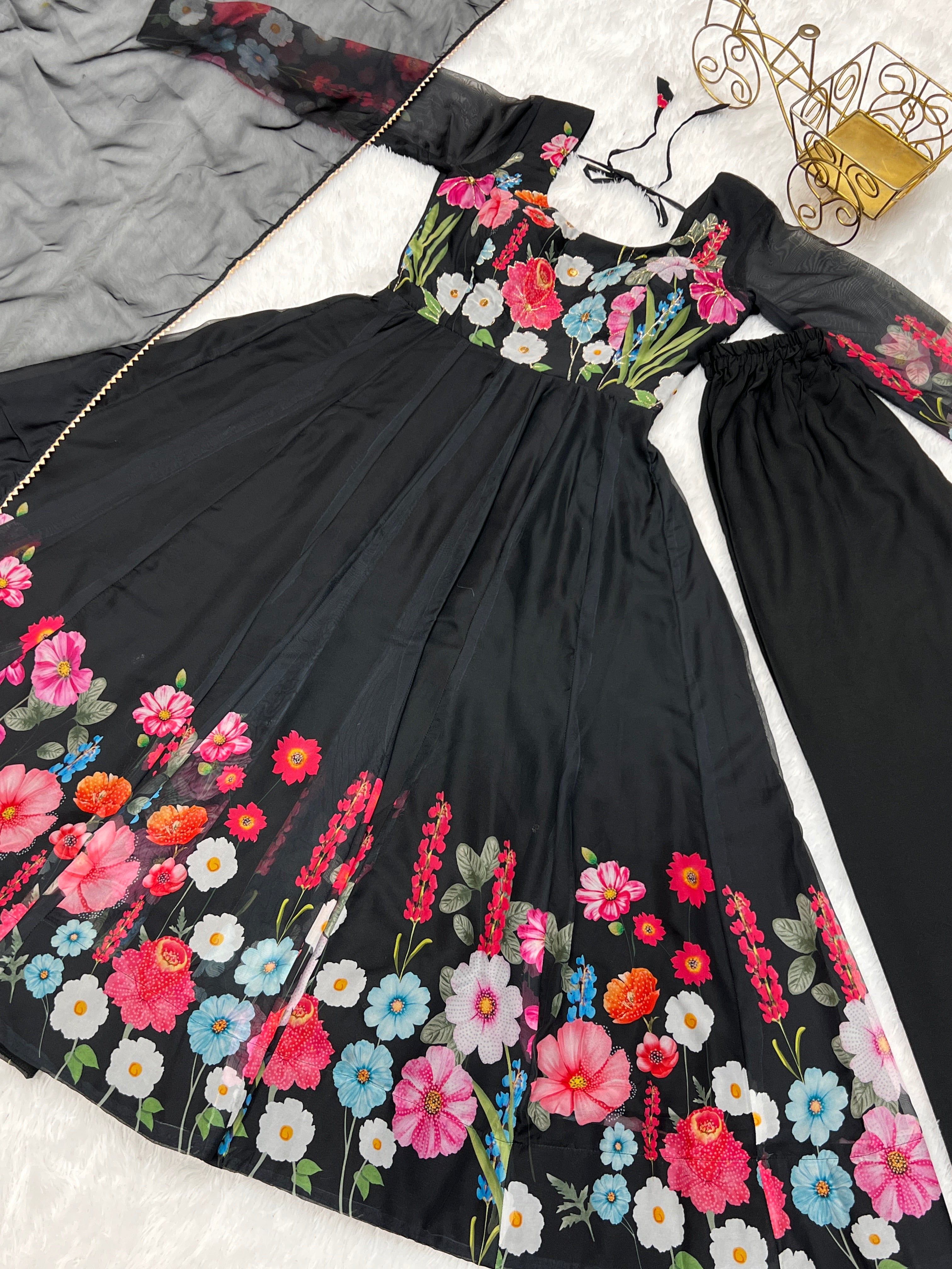 BLACK-Fully Stitched Ready To Wear Pure Soft Organza Silk Fabric Floral Print Anarkali Gown.