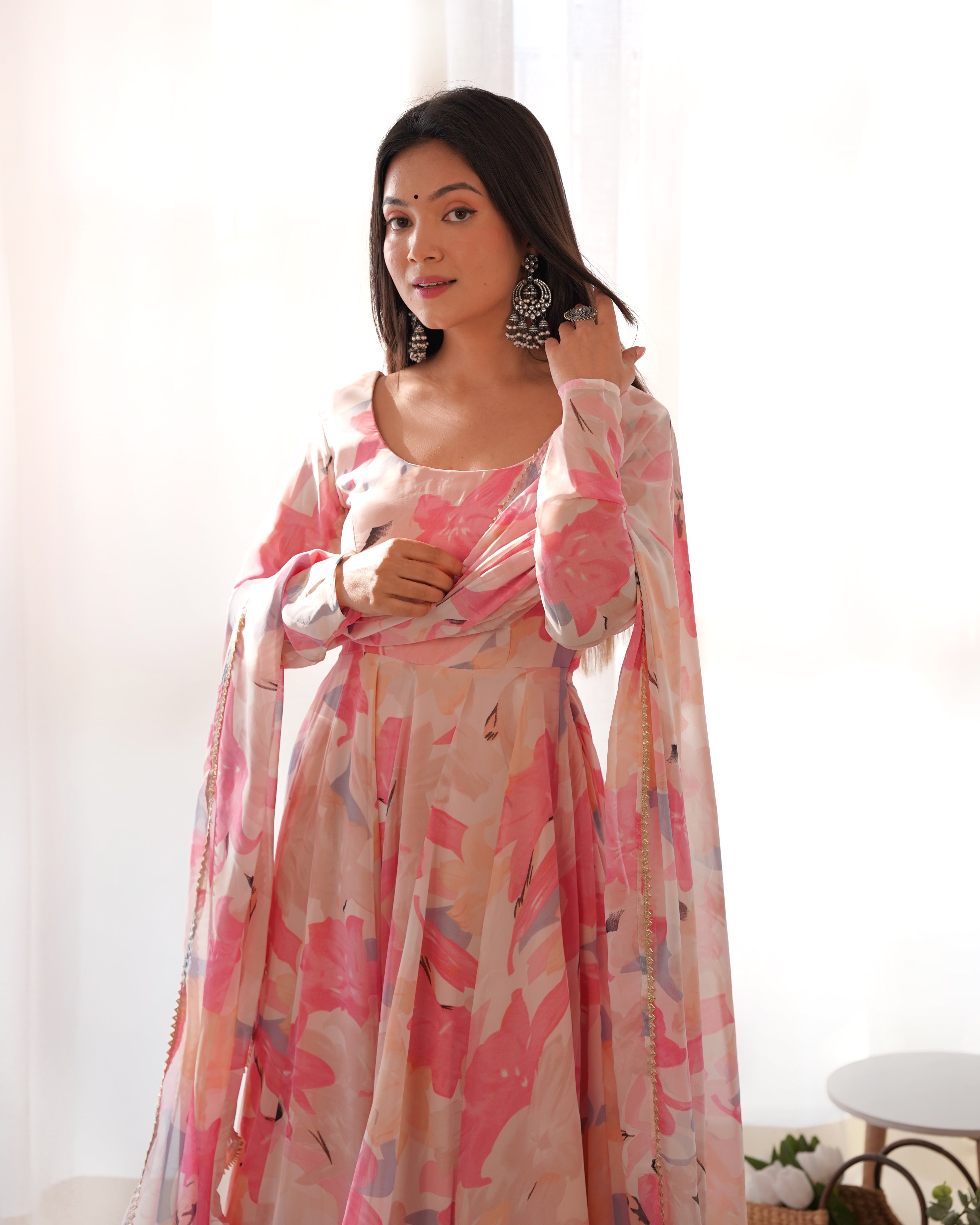 PINK FLORAL-Fully Stitched Ready To Wear Pure Soft Fox Georgette Multi Floral Print Anarkali Gown Set.