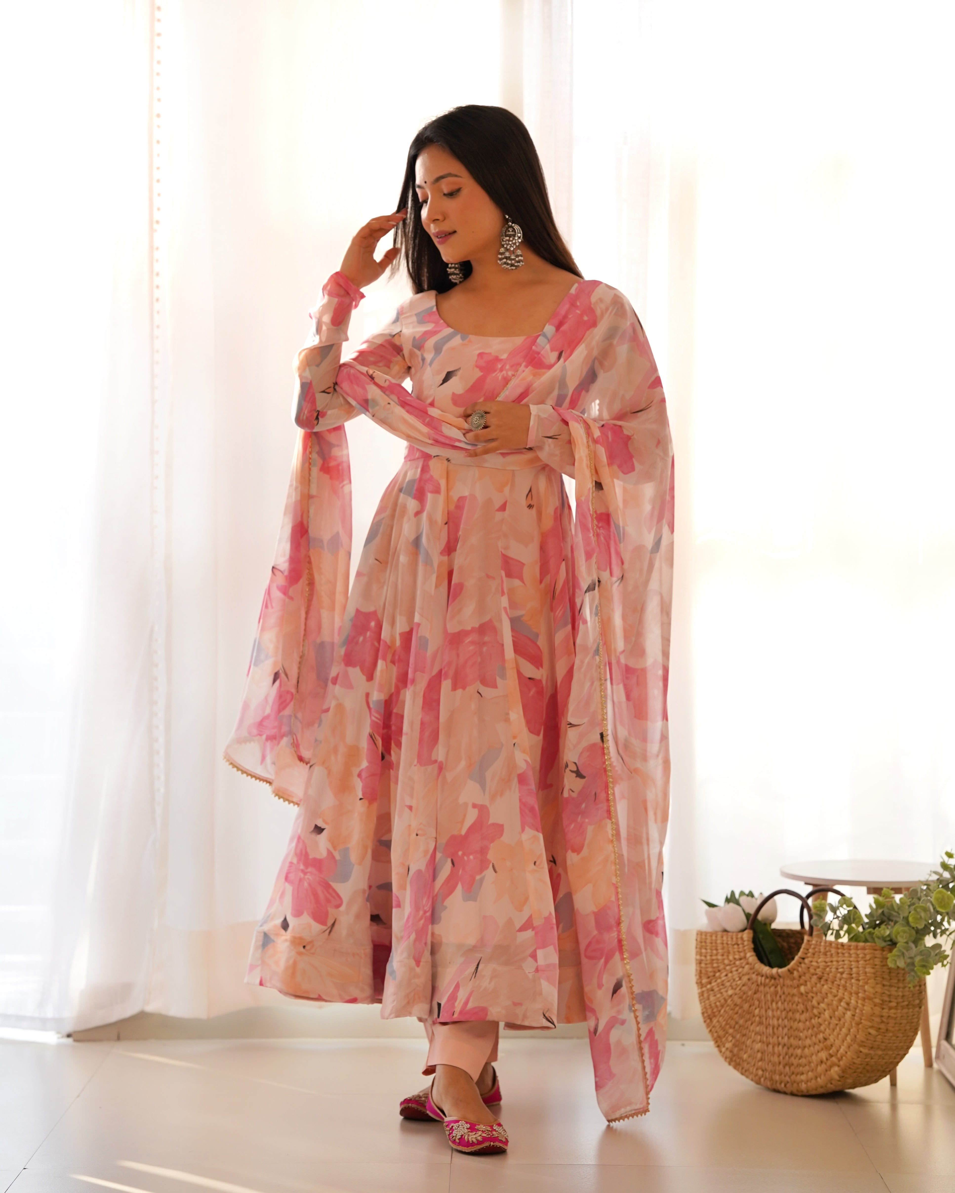 PINK FLORAL-Fully Stitched Ready To Wear Pure Soft Fox Georgette Multi Floral Print Anarkali Gown Set.