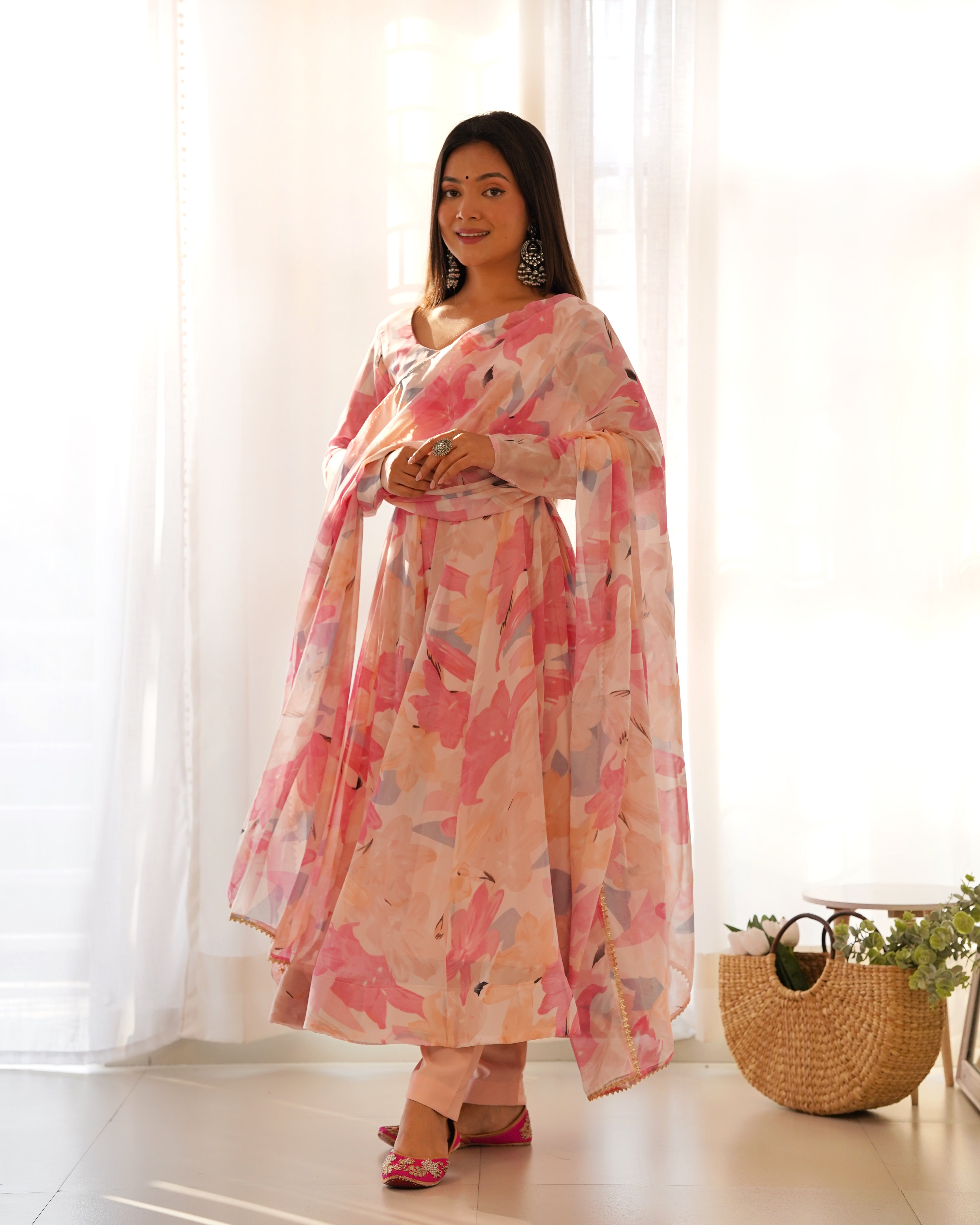 PINK FLORAL-Fully Stitched Ready To Wear Pure Soft Fox Georgette Multi Floral Print Anarkali Gown Set.