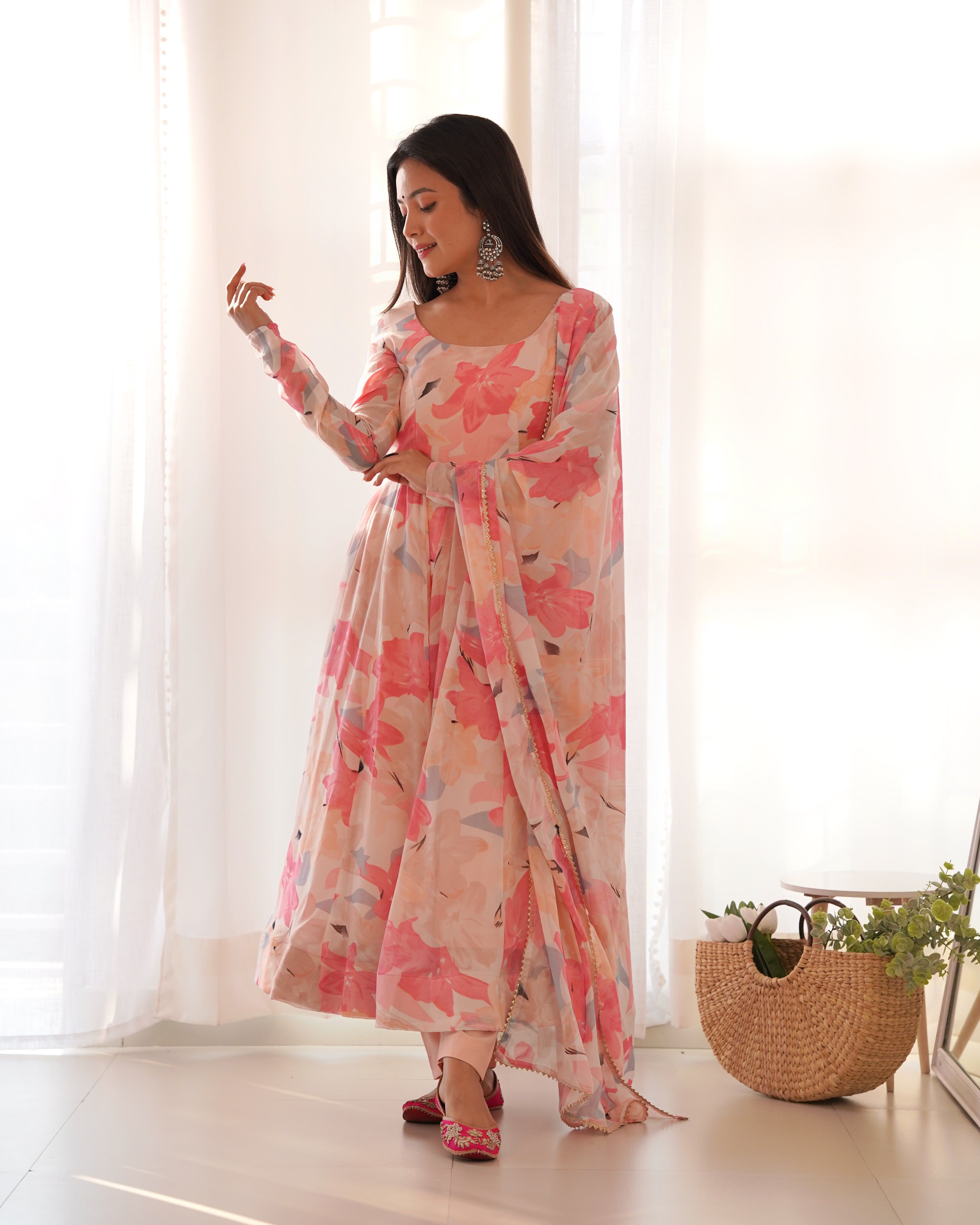 PINK FLORAL-Fully Stitched Ready To Wear Pure Soft Fox Georgette Multi Floral Print Anarkali Gown Set.