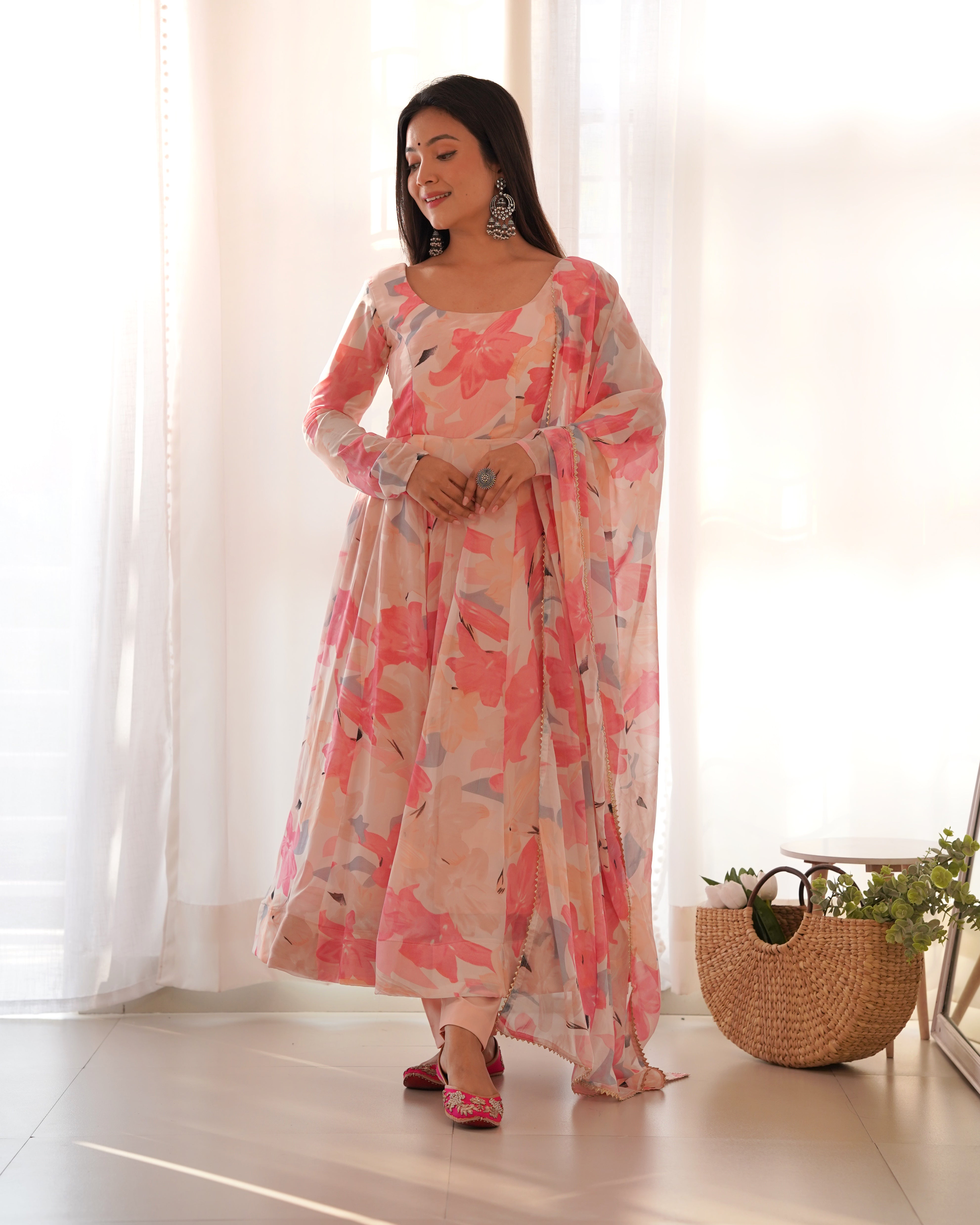 PINK FLORAL-Fully Stitched Ready To Wear Pure Soft Fox Georgette Multi Floral Print Anarkali Gown Set.