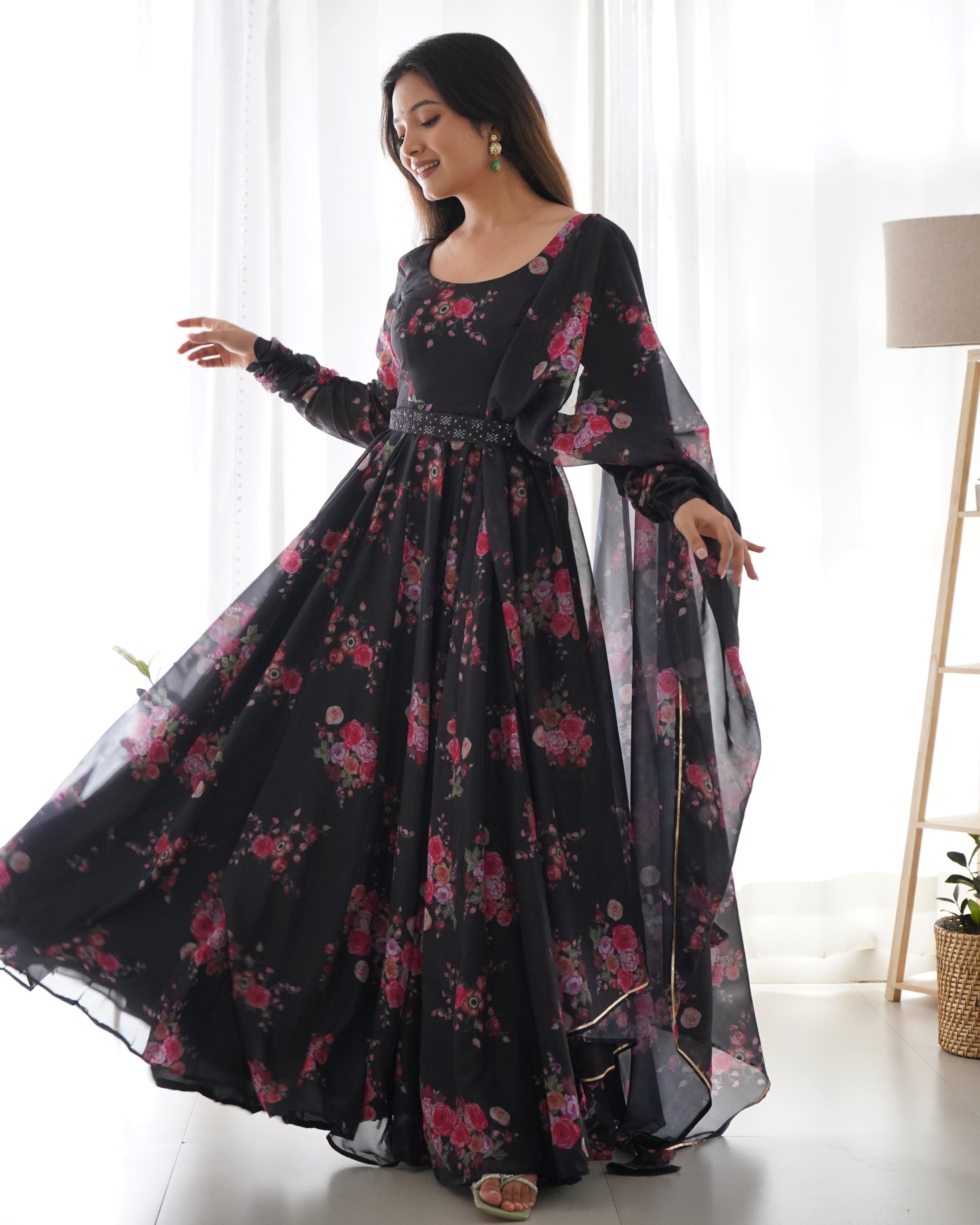 BLACK FLORAL - Fully Stitched Ready To Wear Pure Soft Organza Silk Fabric Floral Print Fully Flair Anarkali Gown Set.