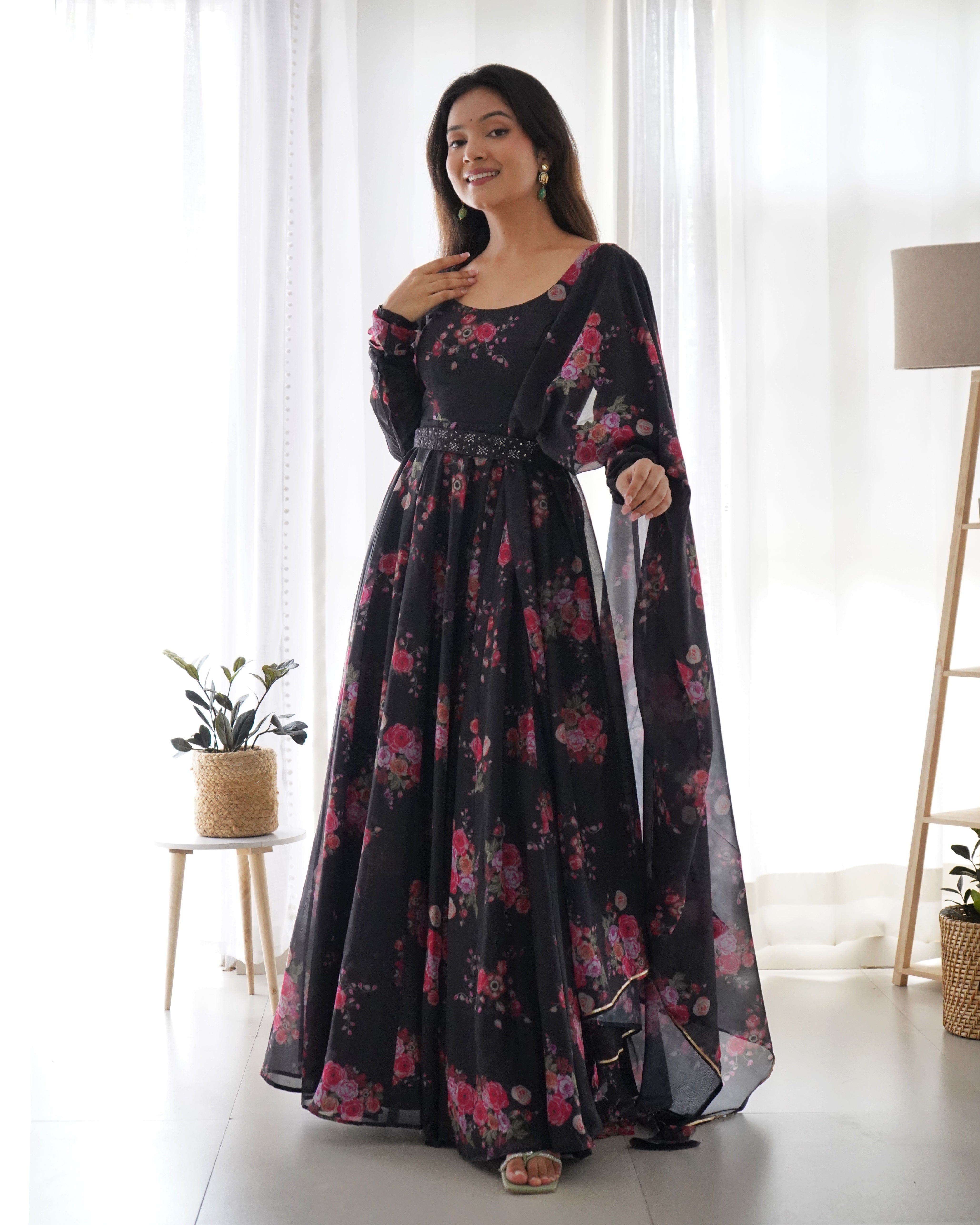 BLACK FLORAL - Fully Stitched Ready To Wear Pure Soft Organza Silk Fabric Floral Print Fully Flair Anarkali Gown Set.