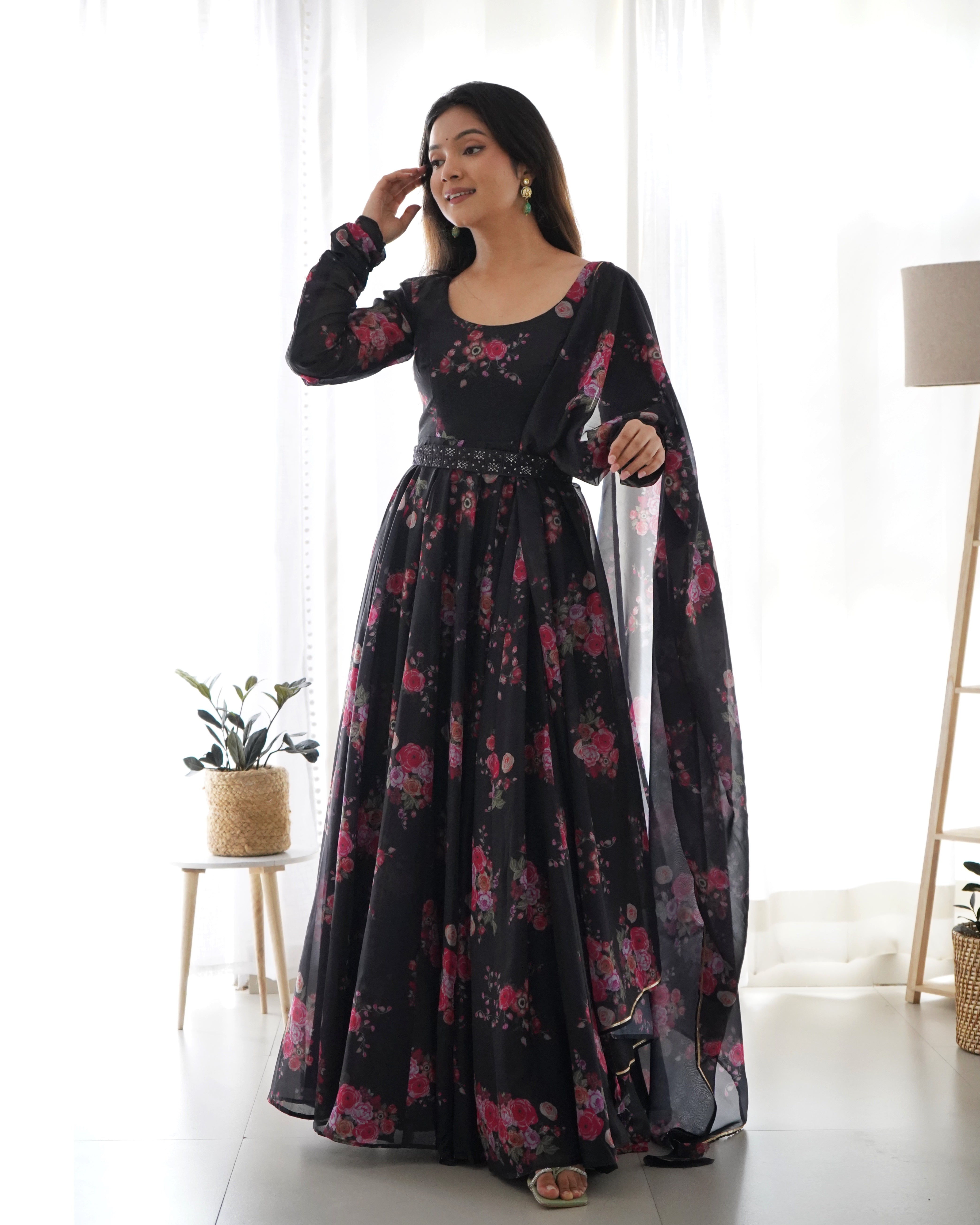 BLACK FLORAL - Fully Stitched Ready To Wear Pure Soft Organza Silk Fabric Floral Print Fully Flair Anarkali Gown Set.