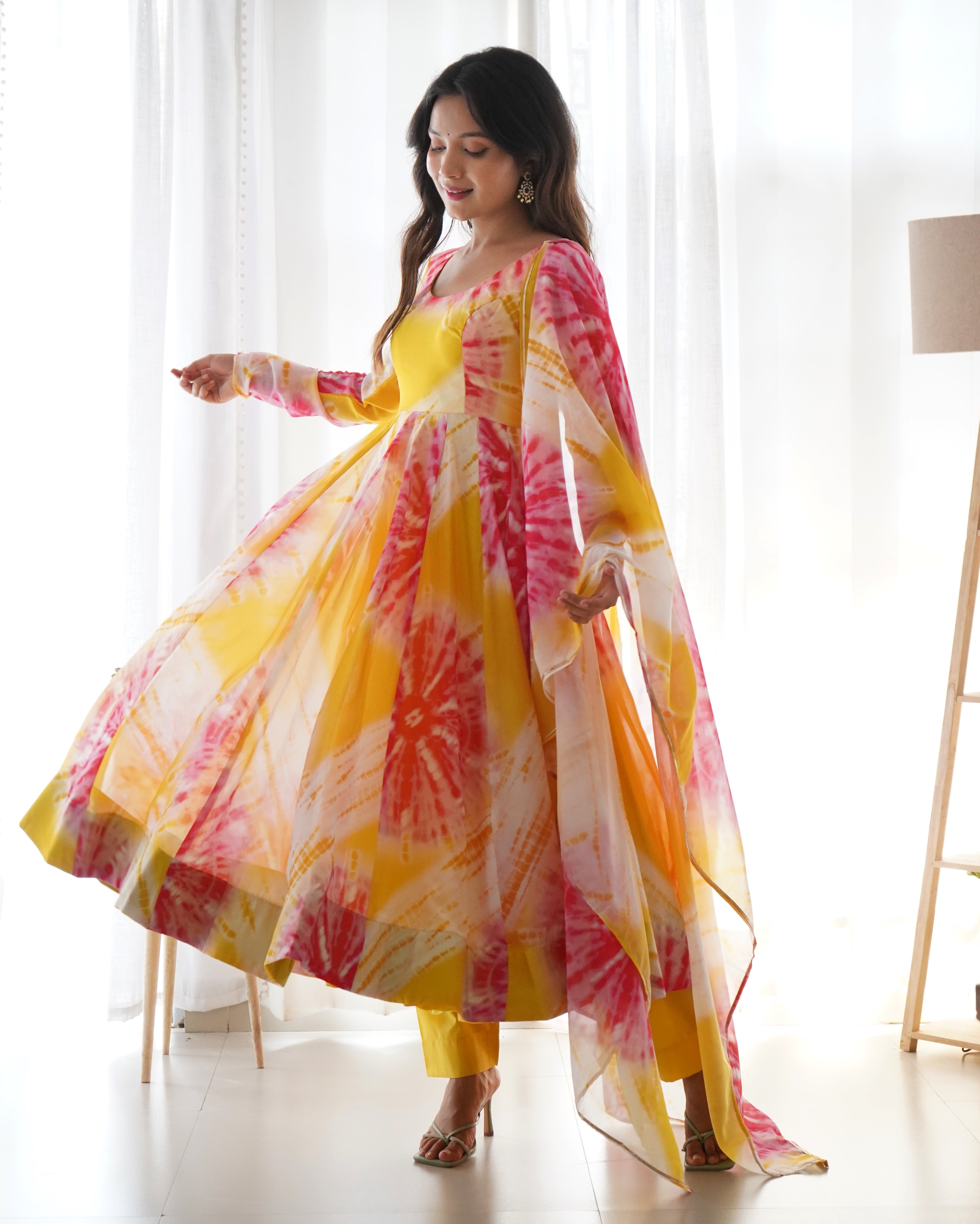 YELLOW-Fully Stitched Ready To Wear Pure Soft Organza Silk Fabric Floral Print Fully Flair Anarkali Gown Set.