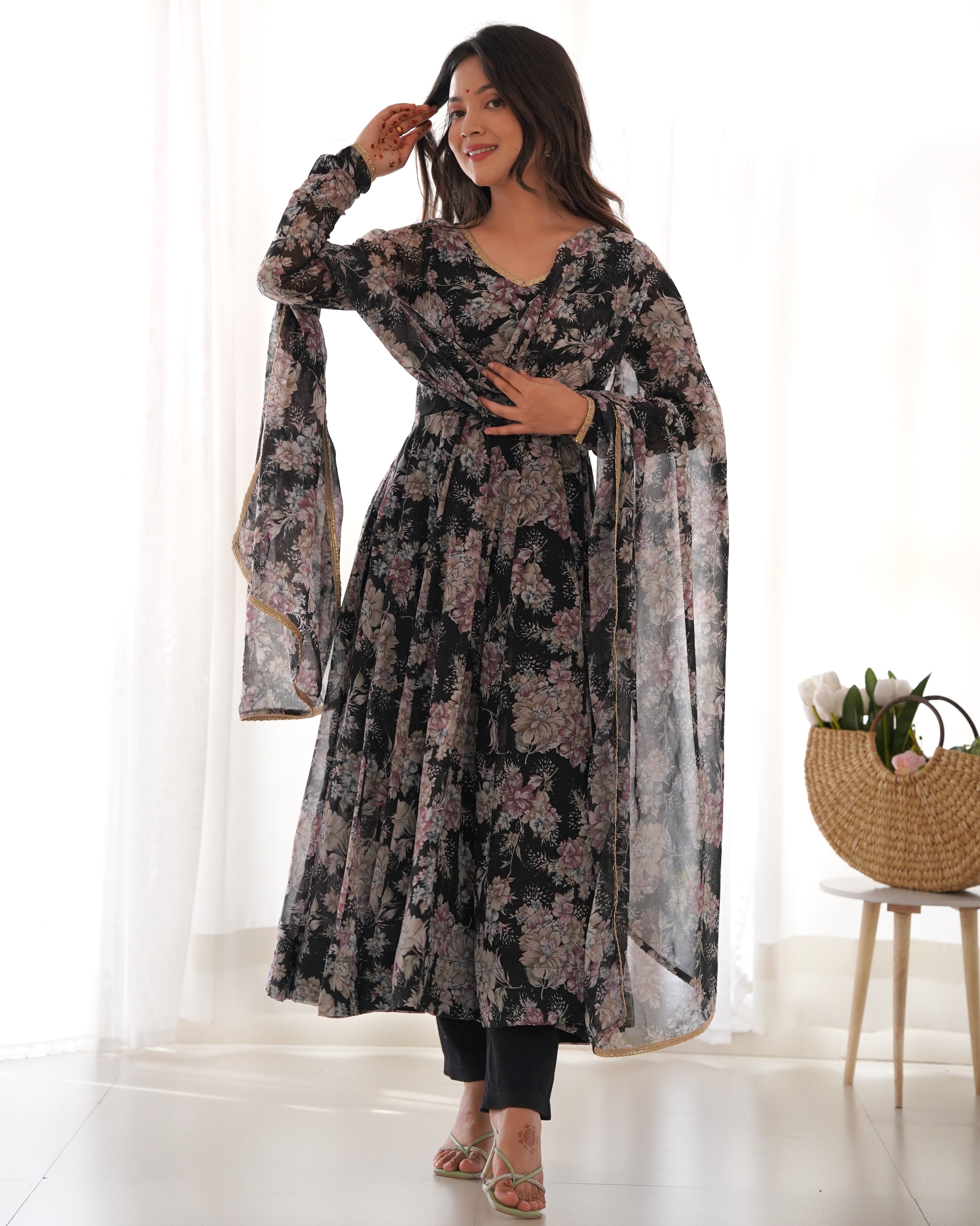 BLACK FLORAL-Fully Stitched Ready To Wear Pure Soft Fox Georgette Floral Print Fabric Fully Flair Anarkali Gown Set.