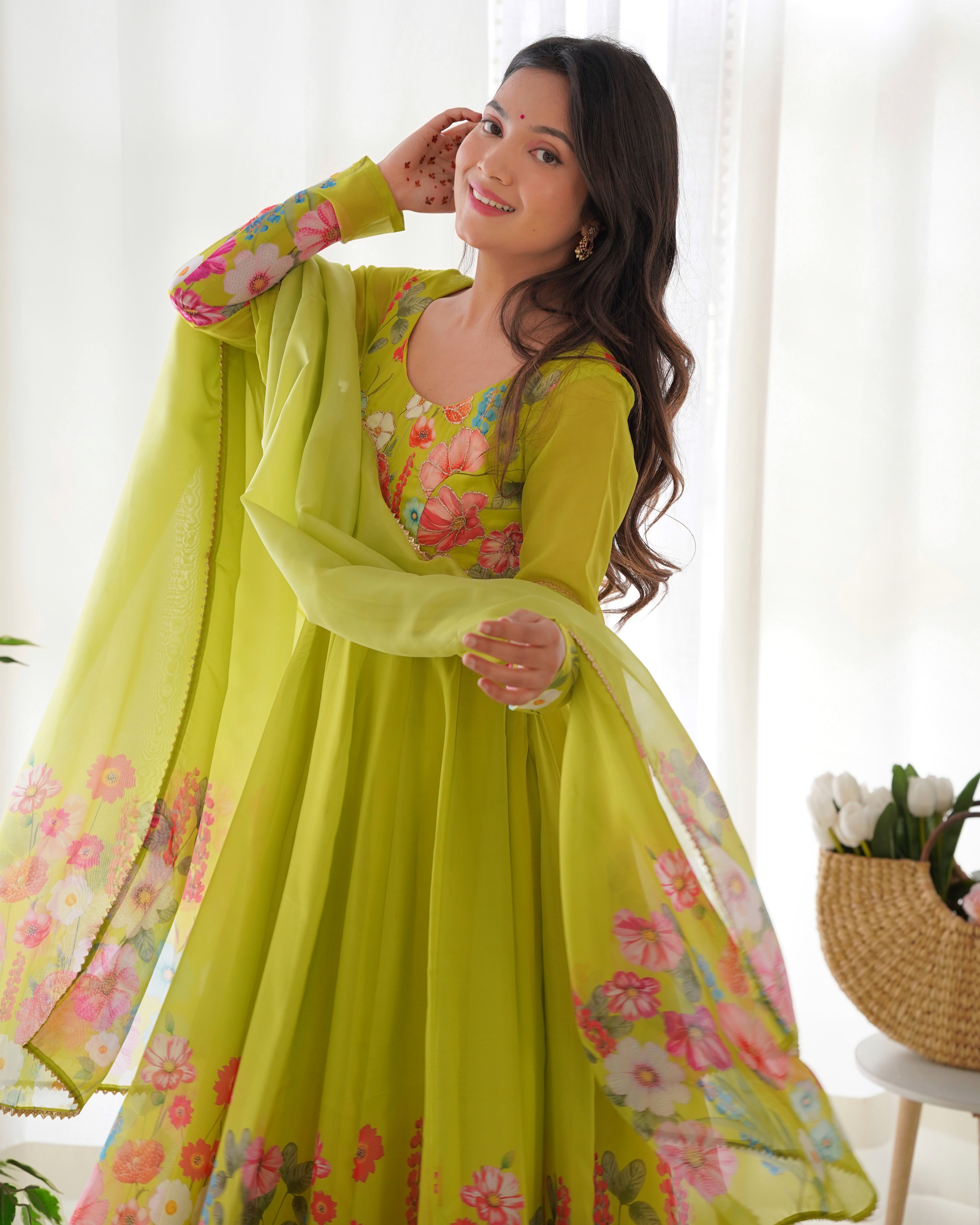 LIRIL-Fully Stitched Ready To Wear Pure Soft Organza Silk Fabric Floral Print Anarkali Gown.