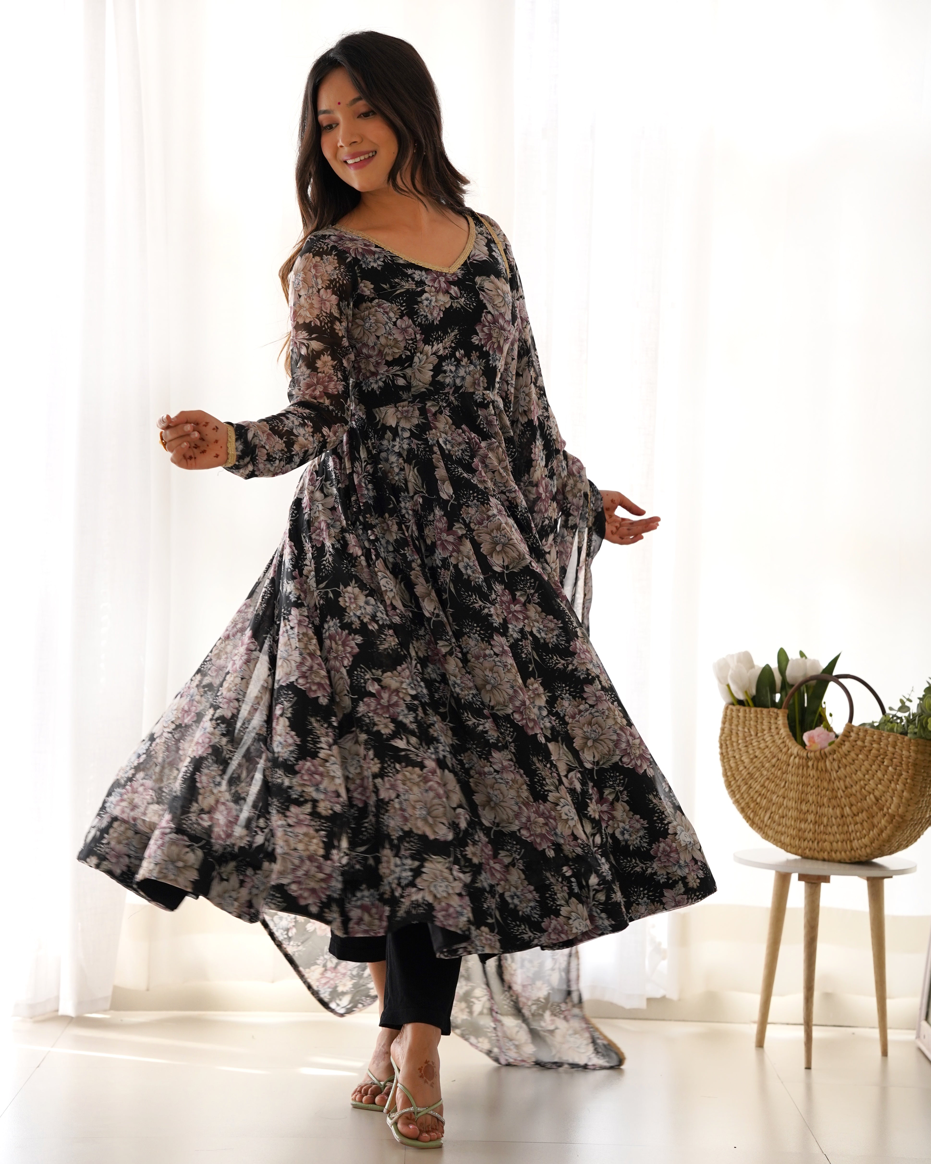 BLACK FLORAL-Fully Stitched Ready To Wear Pure Soft Fox Georgette Floral Print Fabric Fully Flair Anarkali Gown Set.