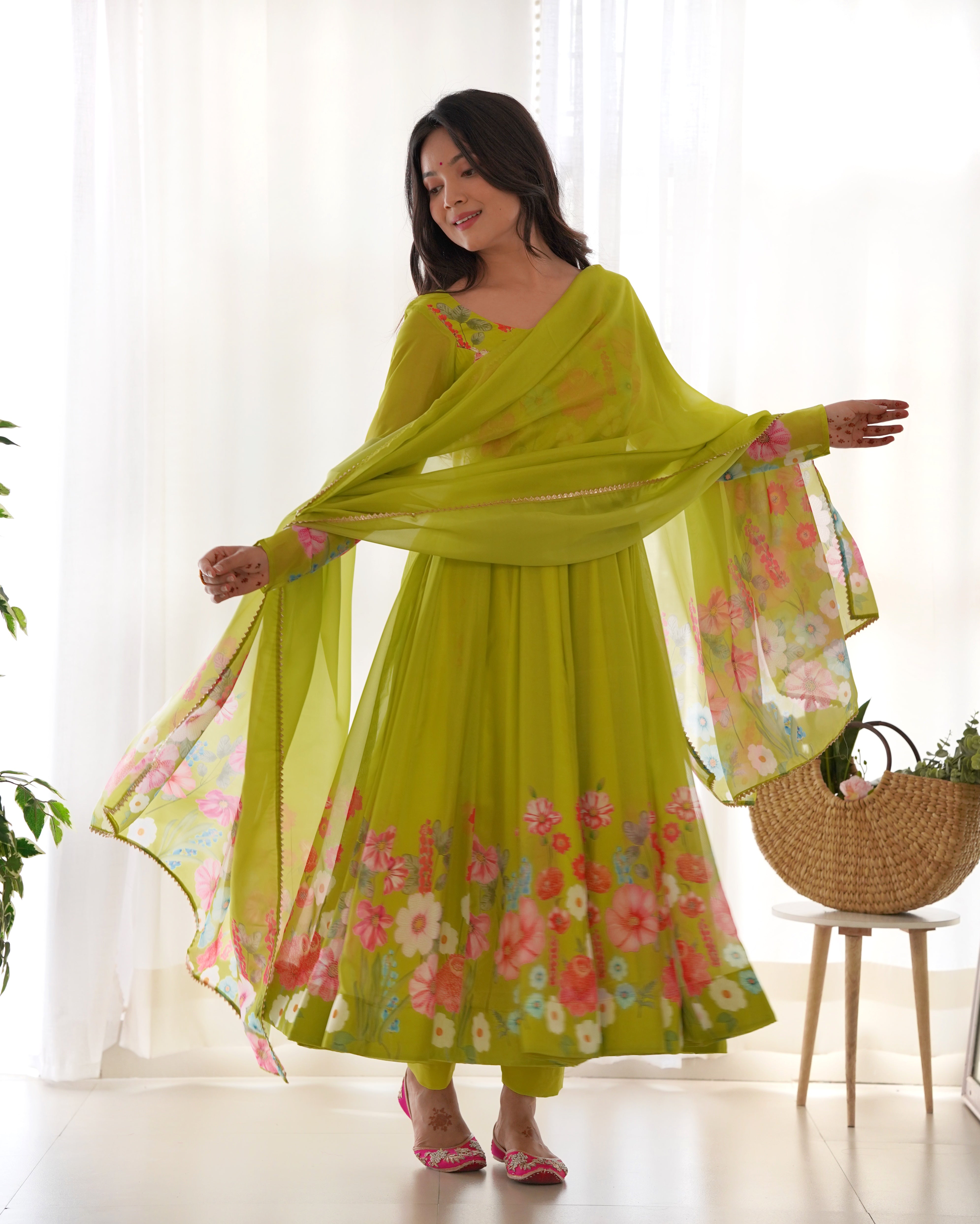 LIRIL-Fully Stitched Ready To Wear Pure Soft Organza Silk Fabric Floral Print Anarkali Gown.