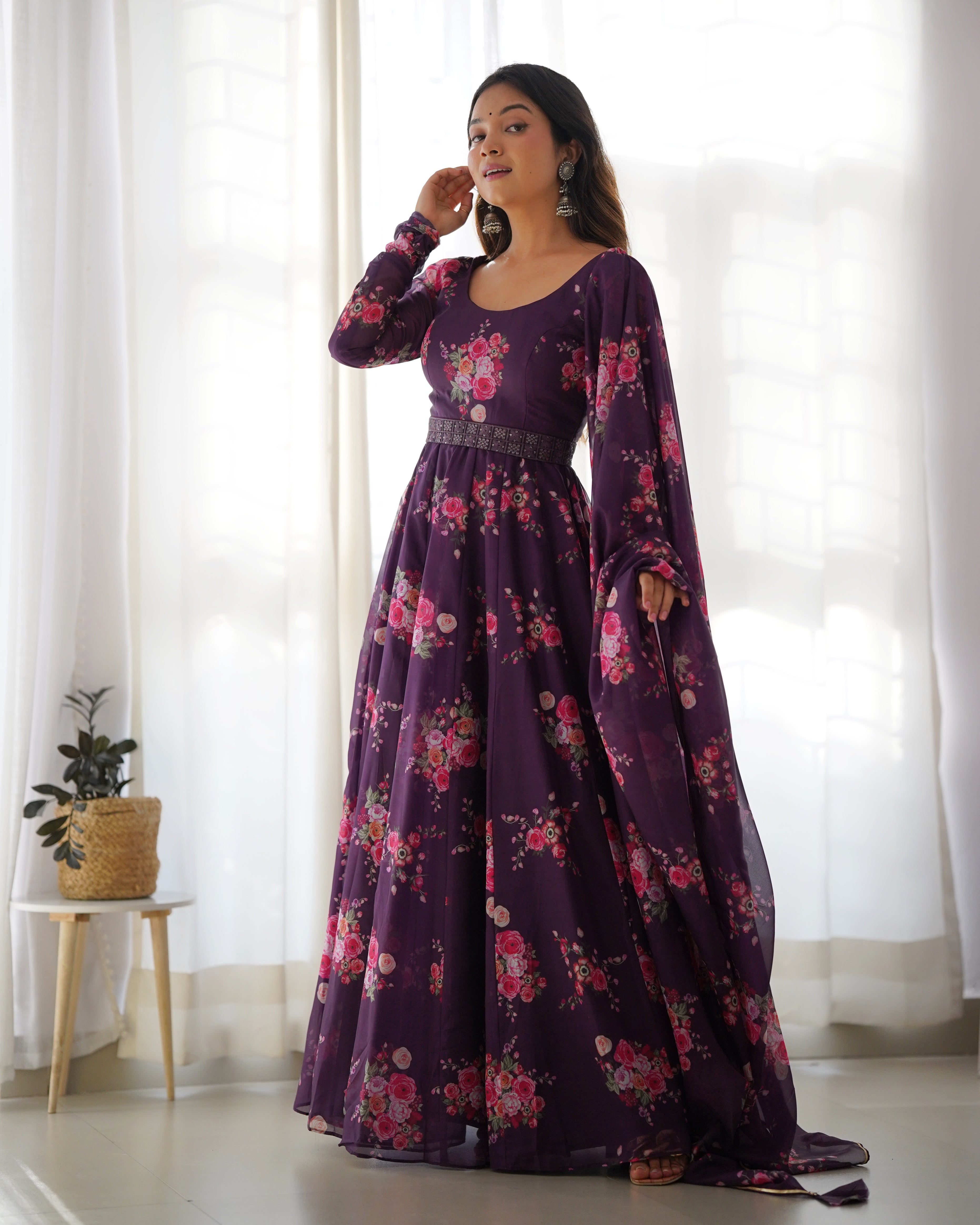 WINE FLORAL- Fully Stitched Ready To Wear Pure Soft Organza Silk Fabric Floral Print Fully Flair Anarkali Gown Set.