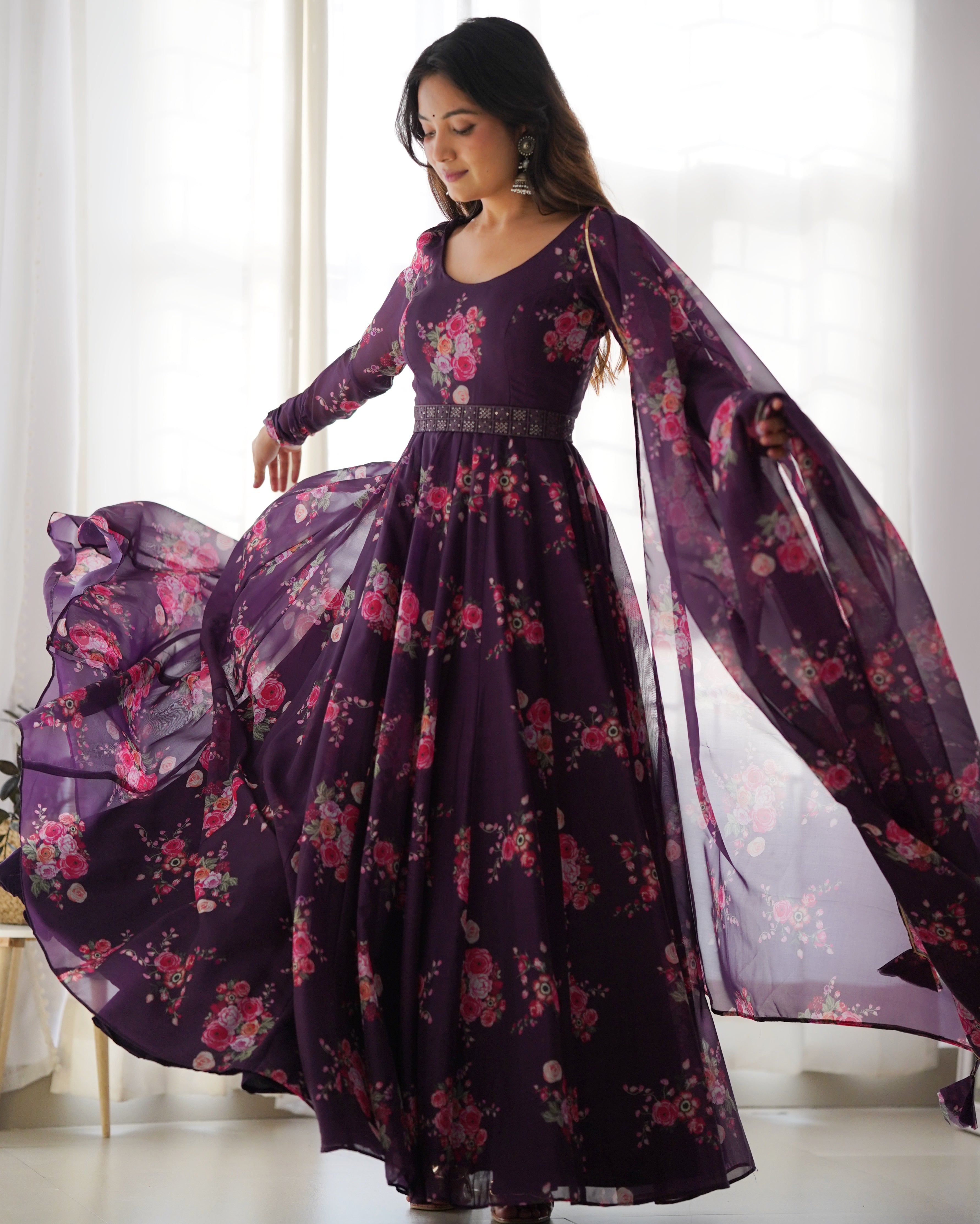 WINE FLORAL- Fully Stitched Ready To Wear Pure Soft Organza Silk Fabric Floral Print Fully Flair Anarkali Gown Set.