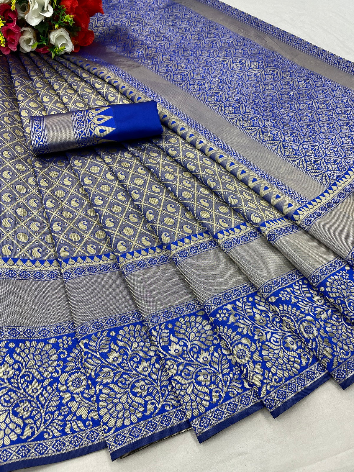 Blue Silver Design Boarder Samay Dola Silk Saree