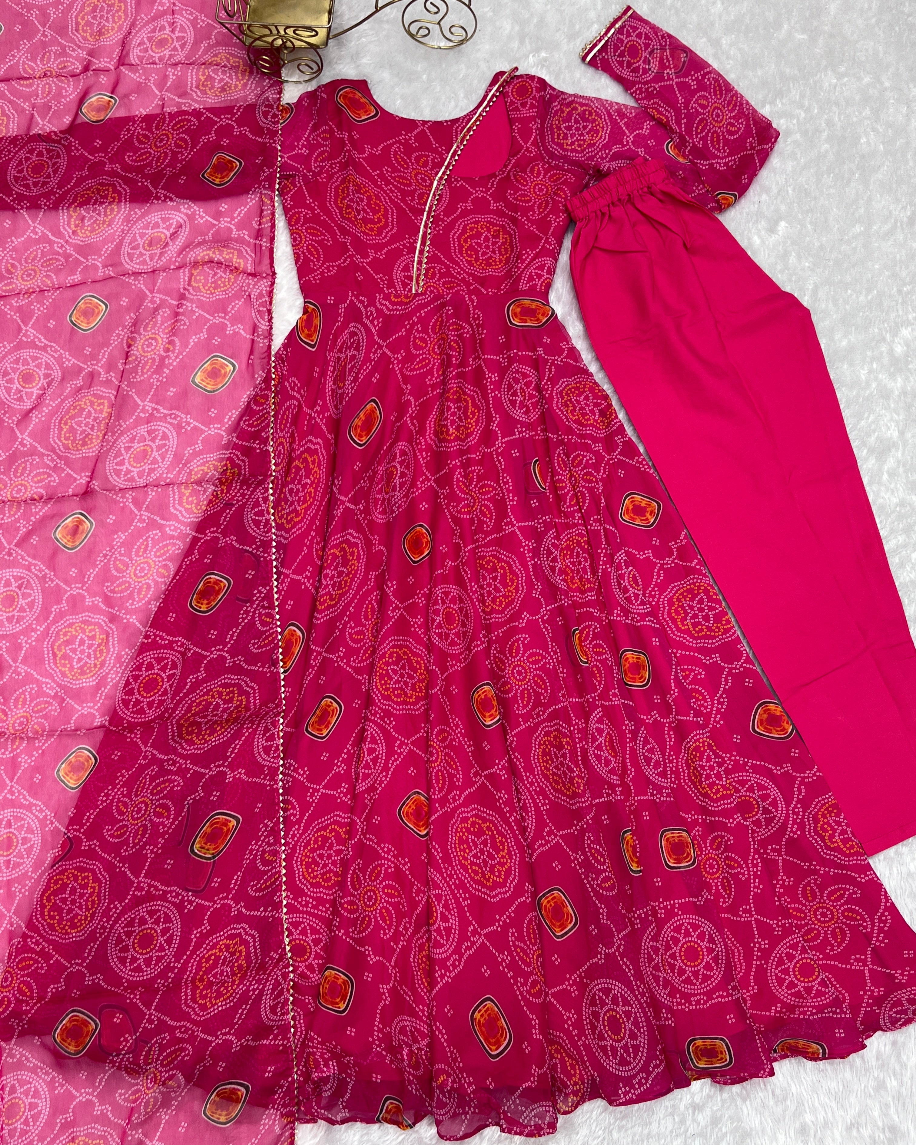 PINK-Fully Stitched Ready To Wear Pure Soft Chiffon Bandhej Fabric Gown Pair.