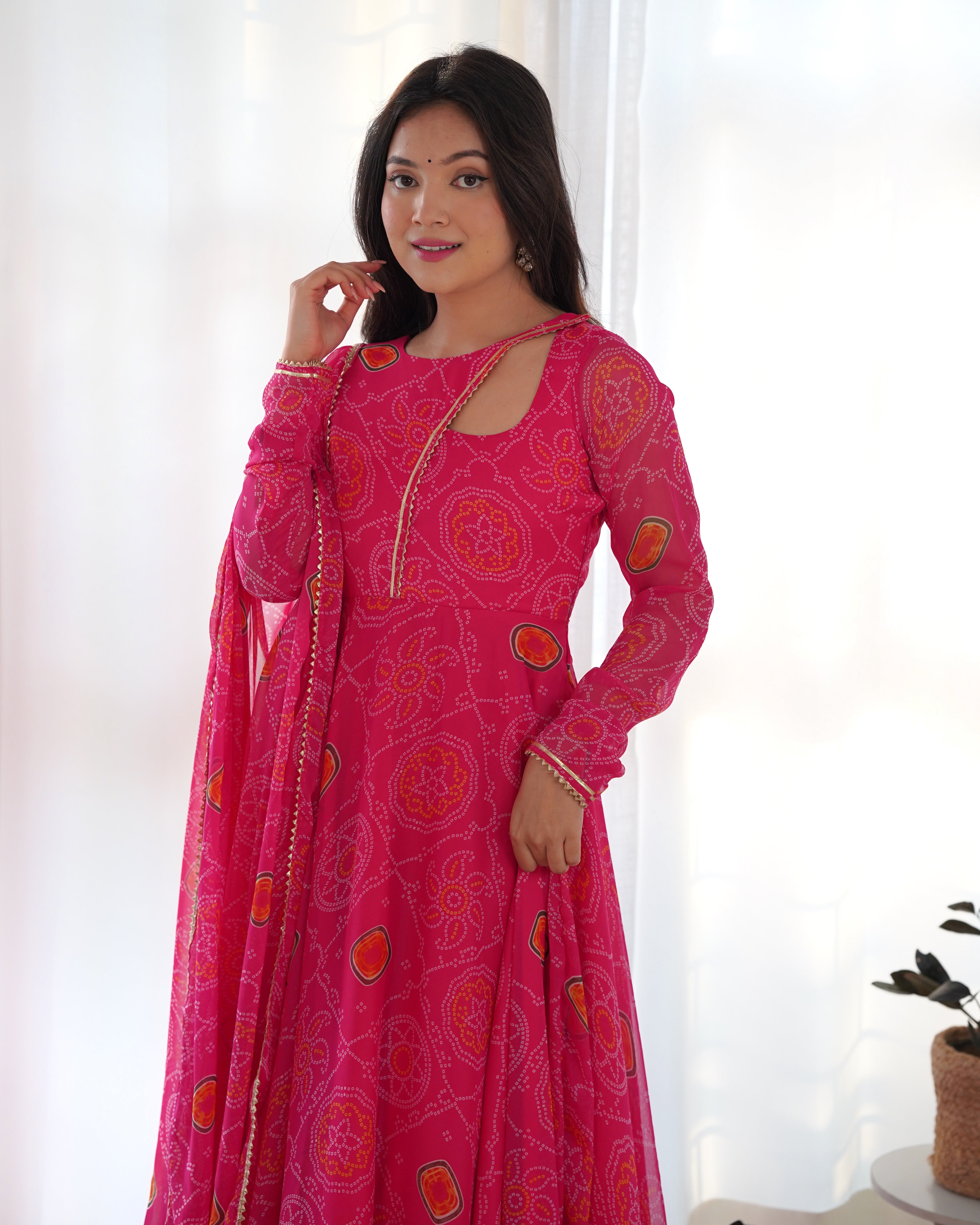 PINK-Fully Stitched Ready To Wear Pure Soft Chiffon Bandhej Fabric Gown Pair.