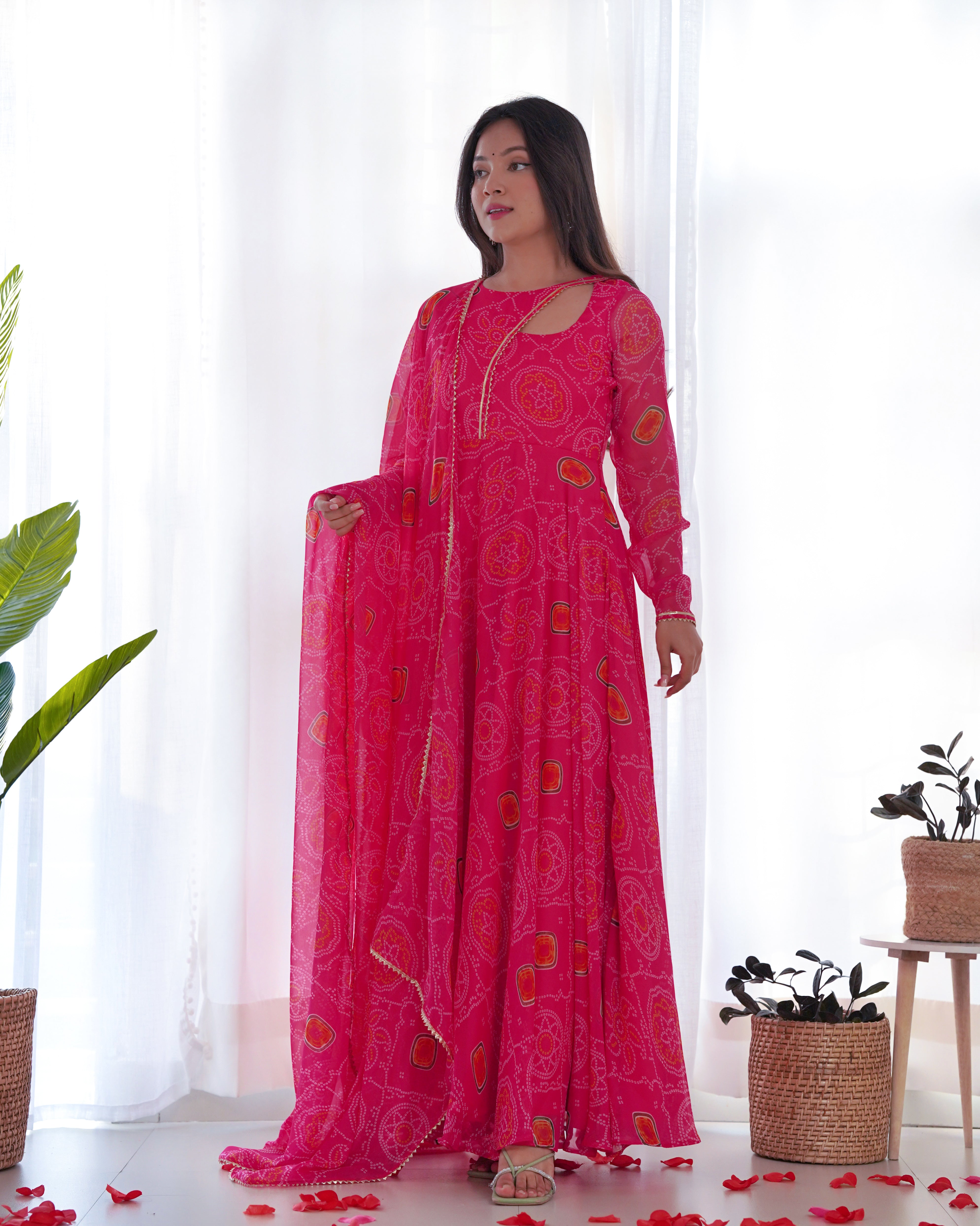 PINK-Fully Stitched Ready To Wear Pure Soft Chiffon Bandhej Fabric Gown Pair.