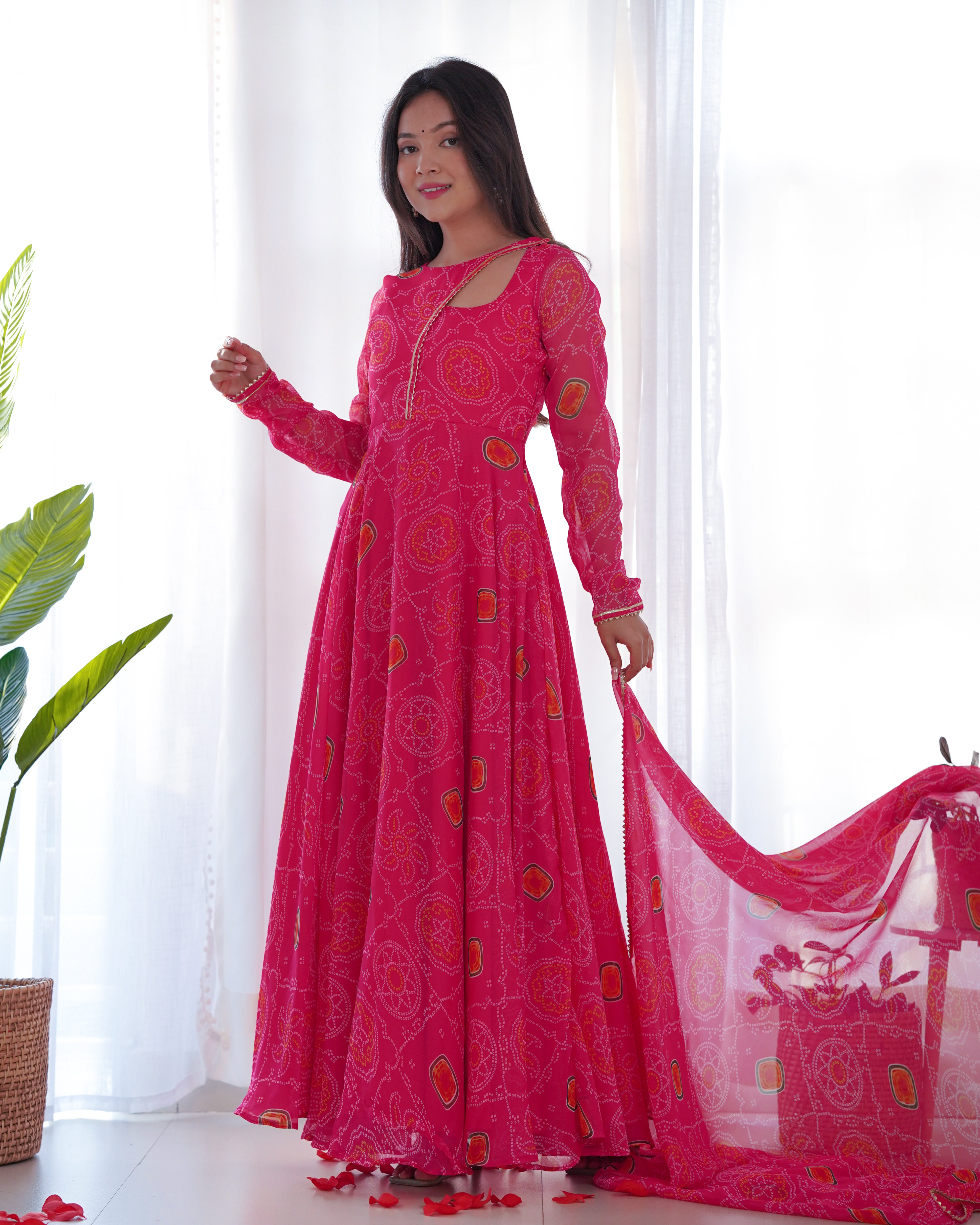 PINK-Fully Stitched Ready To Wear Pure Soft Chiffon Bandhej Fabric Gown Pair.