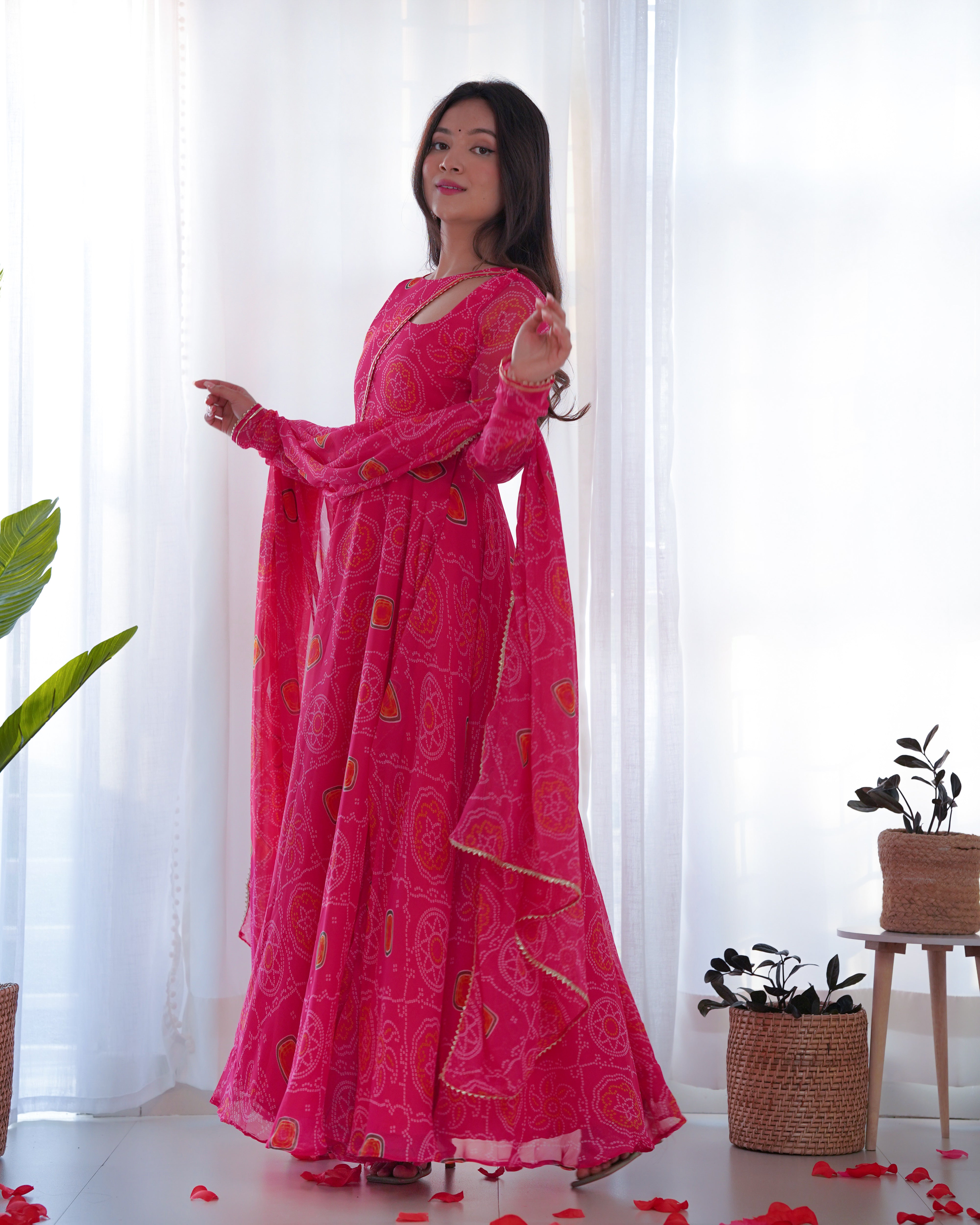 PINK-Fully Stitched Ready To Wear Pure Soft Chiffon Bandhej Fabric Gown Pair.