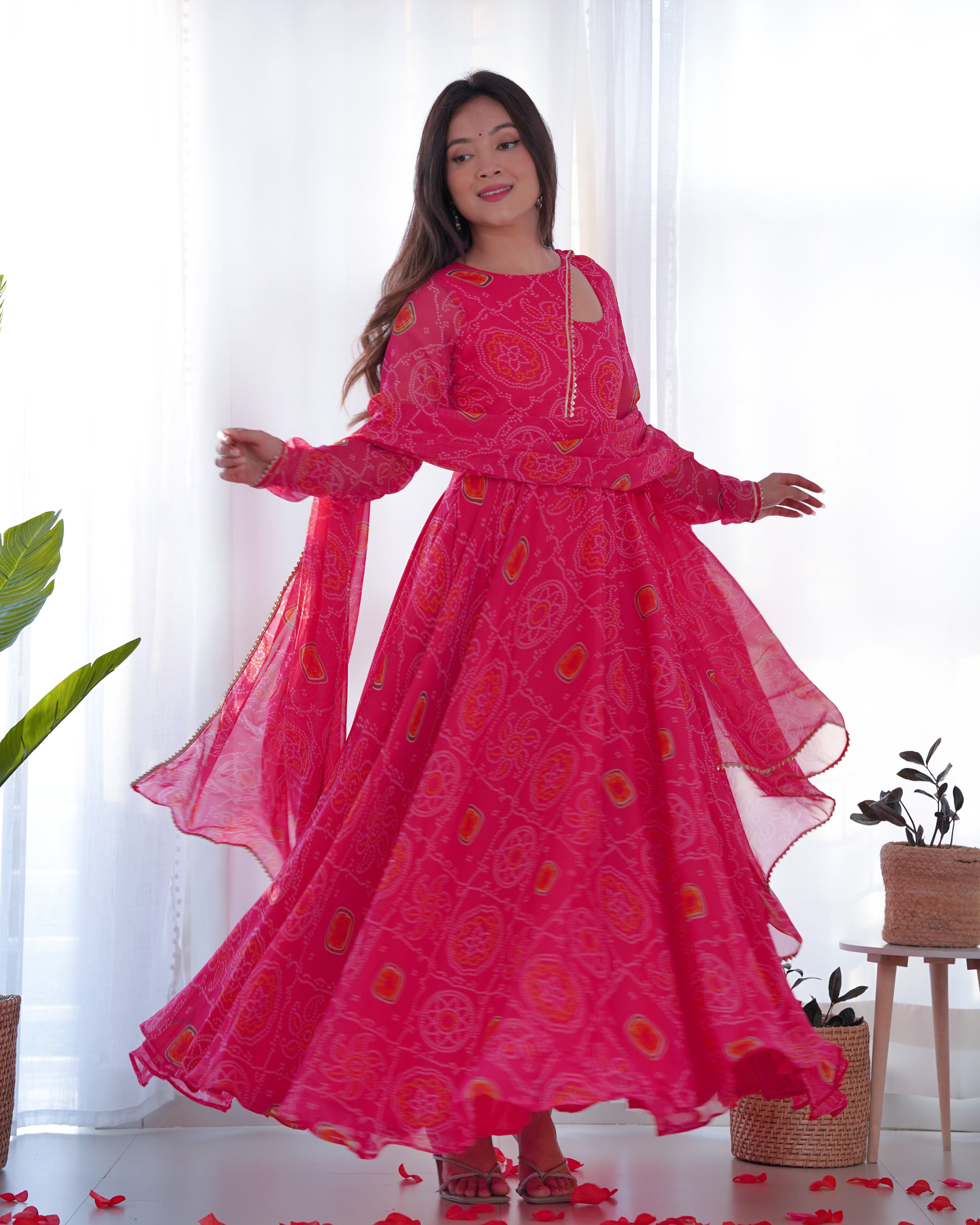 PINK-Fully Stitched Ready To Wear Pure Soft Chiffon Bandhej Fabric Gown Pair.