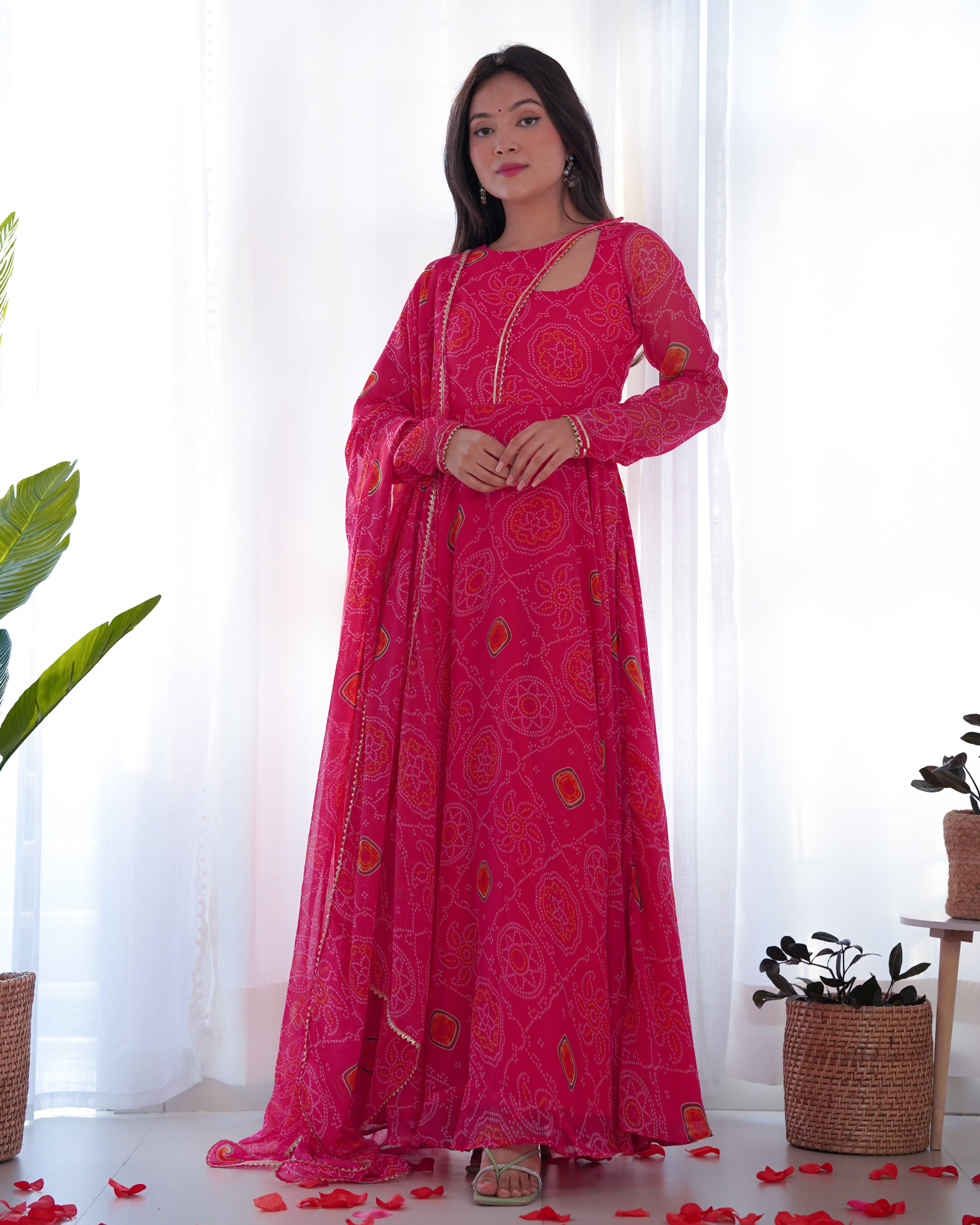 PINK-Fully Stitched Ready To Wear Pure Soft Chiffon Bandhej Fabric Gown Pair.