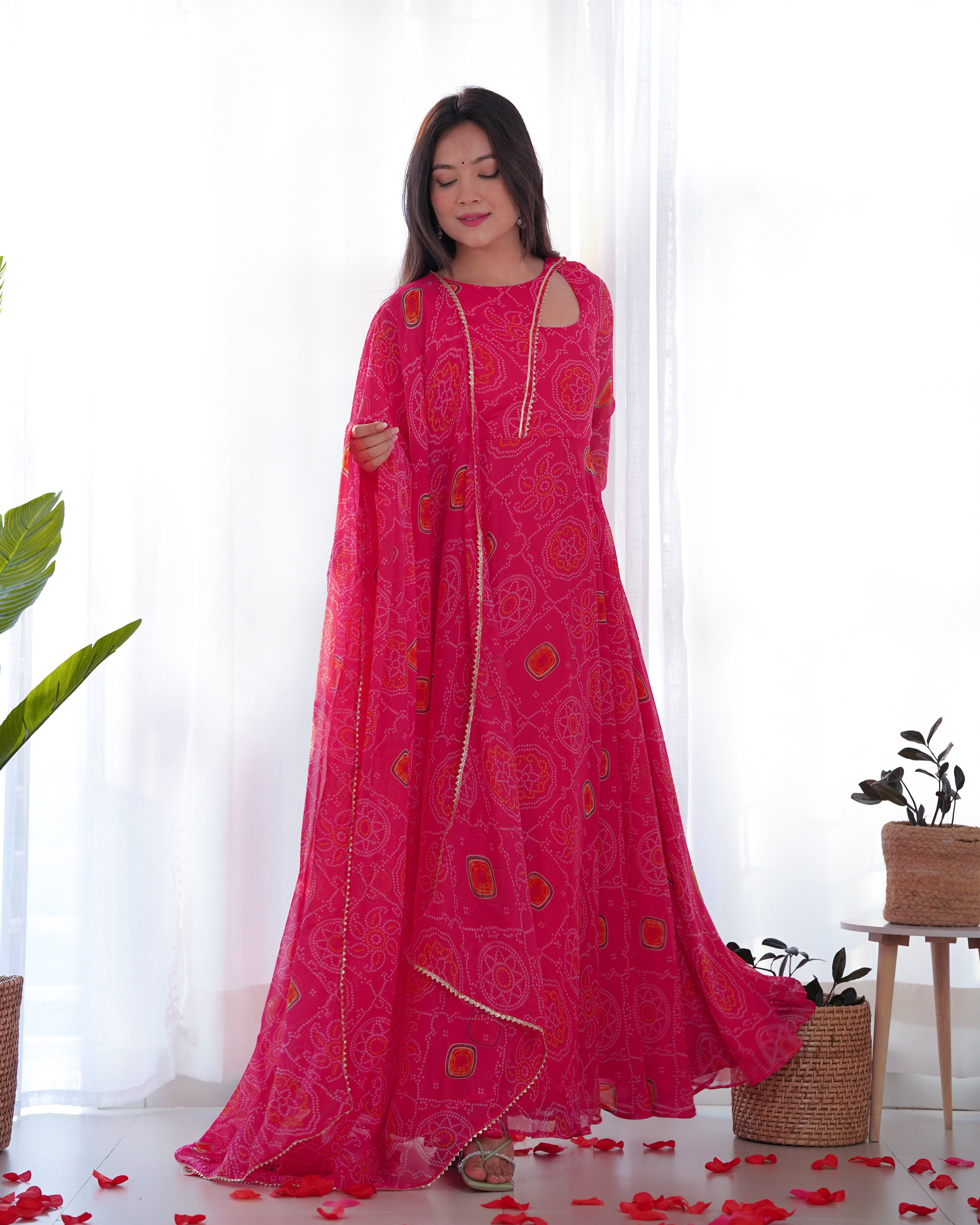 PINK-Fully Stitched Ready To Wear Pure Soft Chiffon Bandhej Fabric Gown Pair.