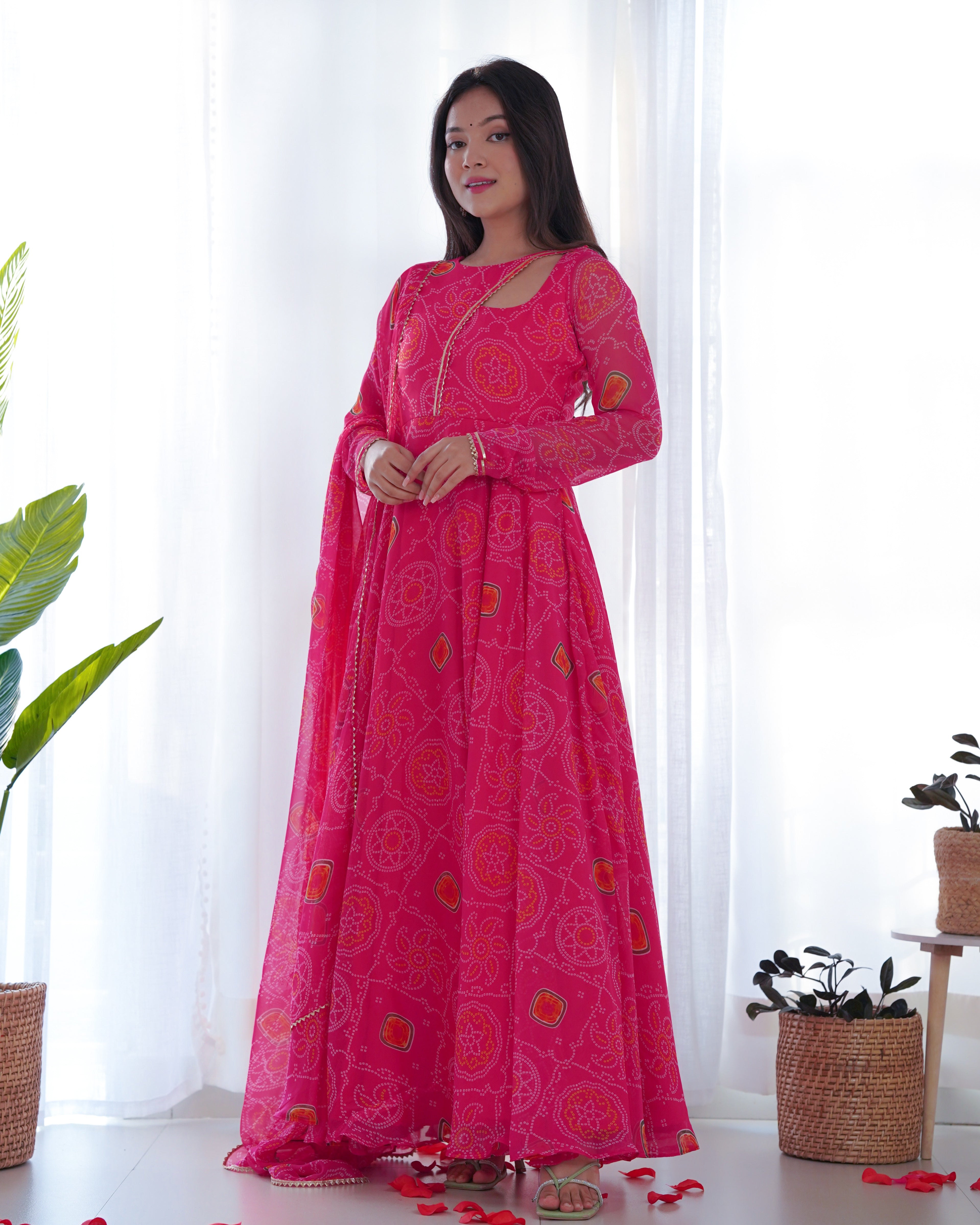 PINK-Fully Stitched Ready To Wear Pure Soft Chiffon Bandhej Fabric Gown Pair.