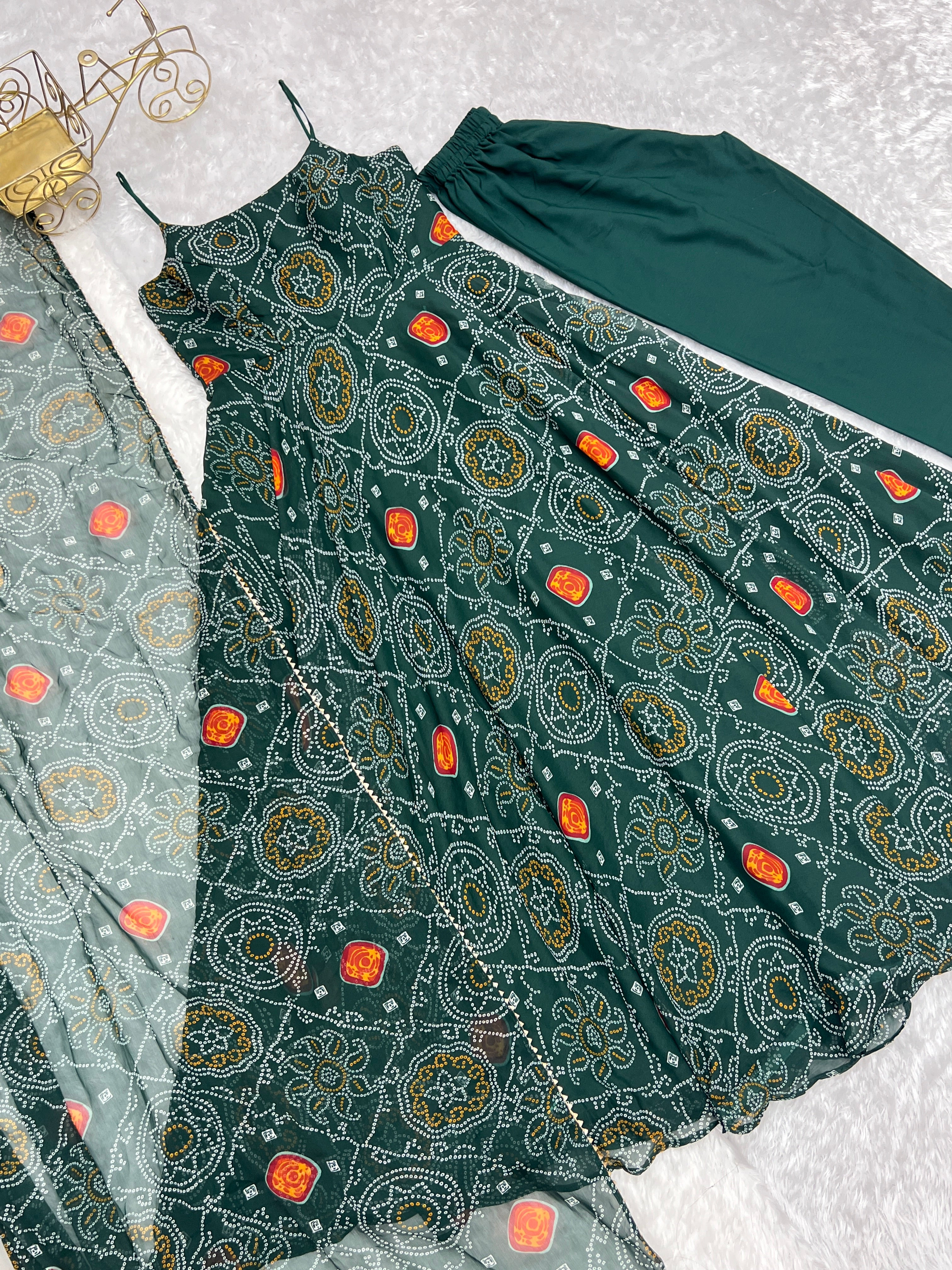 DARK GREEN-Fully Stitched Ready To Wear Pure Soft Chiffon Bandhej Fabric Gown Pair.