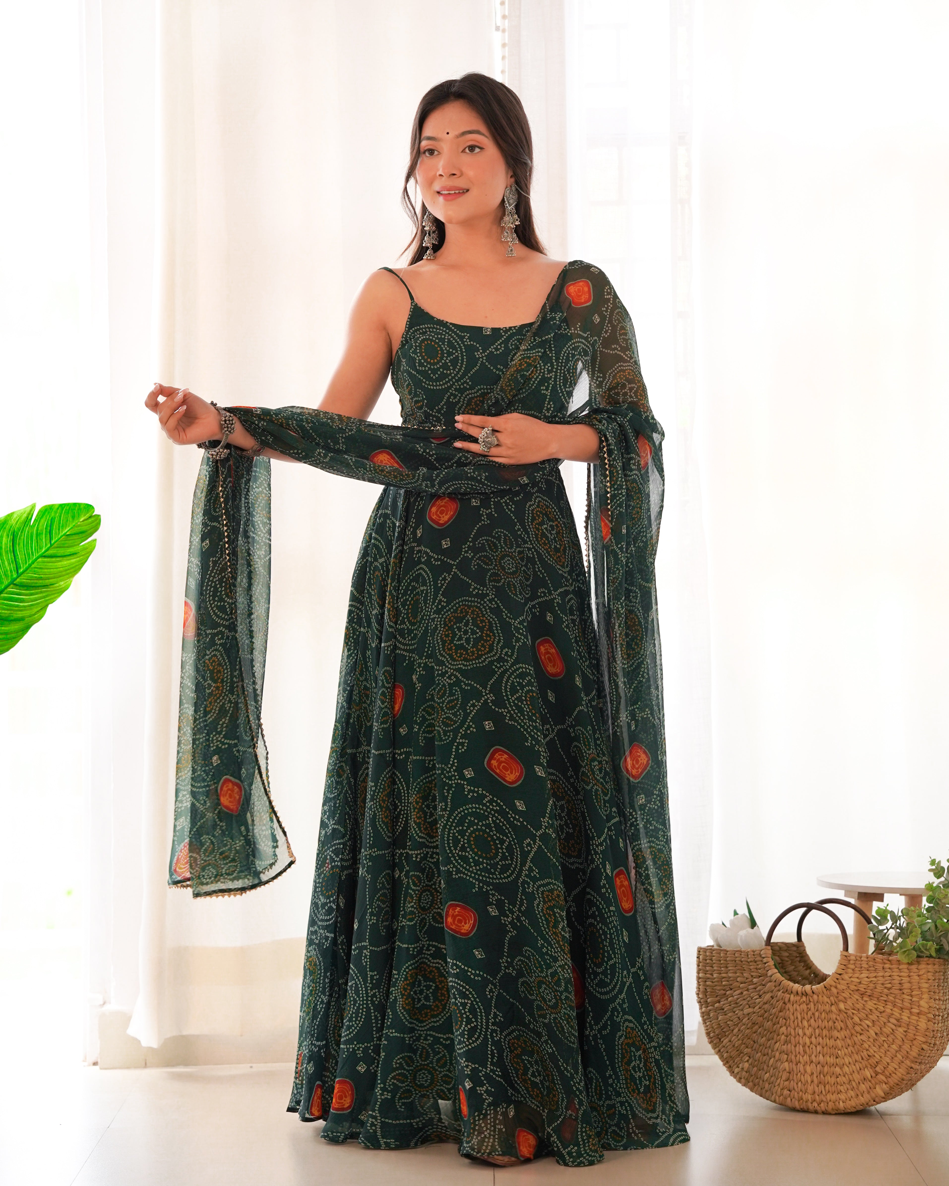 DARK GREEN-Fully Stitched Ready To Wear Pure Soft Chiffon Bandhej Fabric Gown Pair.