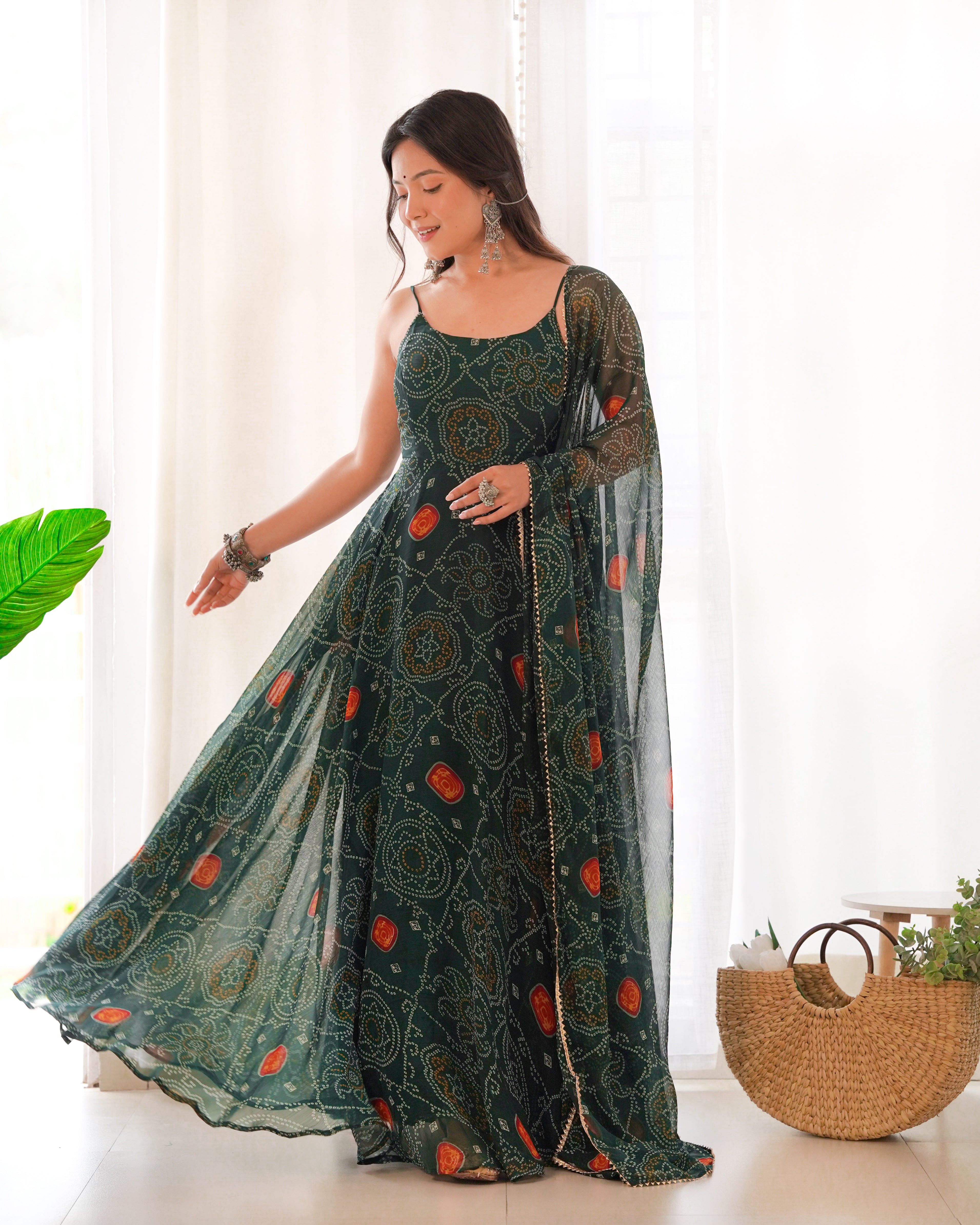 DARK GREEN-Fully Stitched Ready To Wear Pure Soft Chiffon Bandhej Fabric Gown Pair.