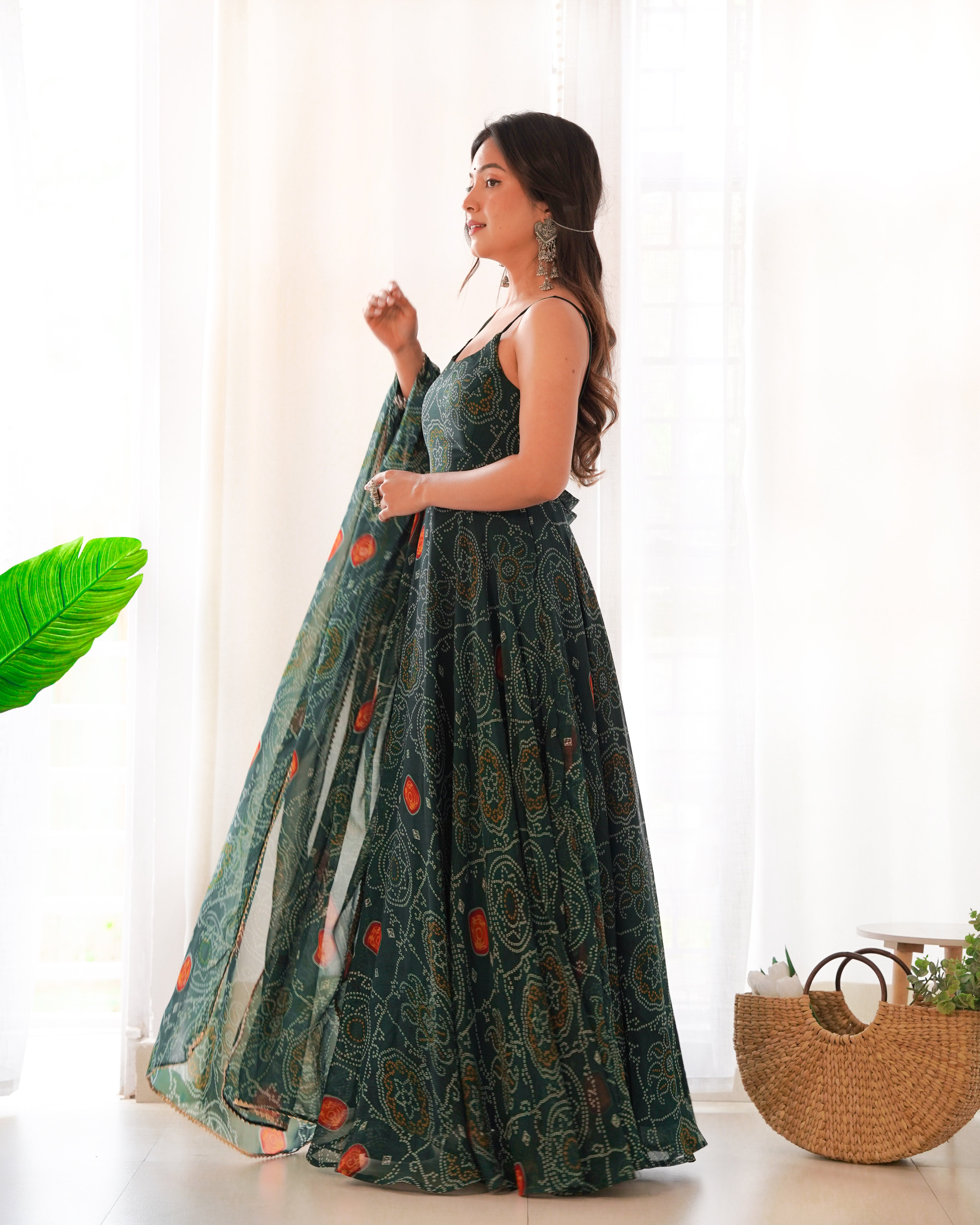 DARK GREEN-Fully Stitched Ready To Wear Pure Soft Chiffon Bandhej Fabric Gown Pair.