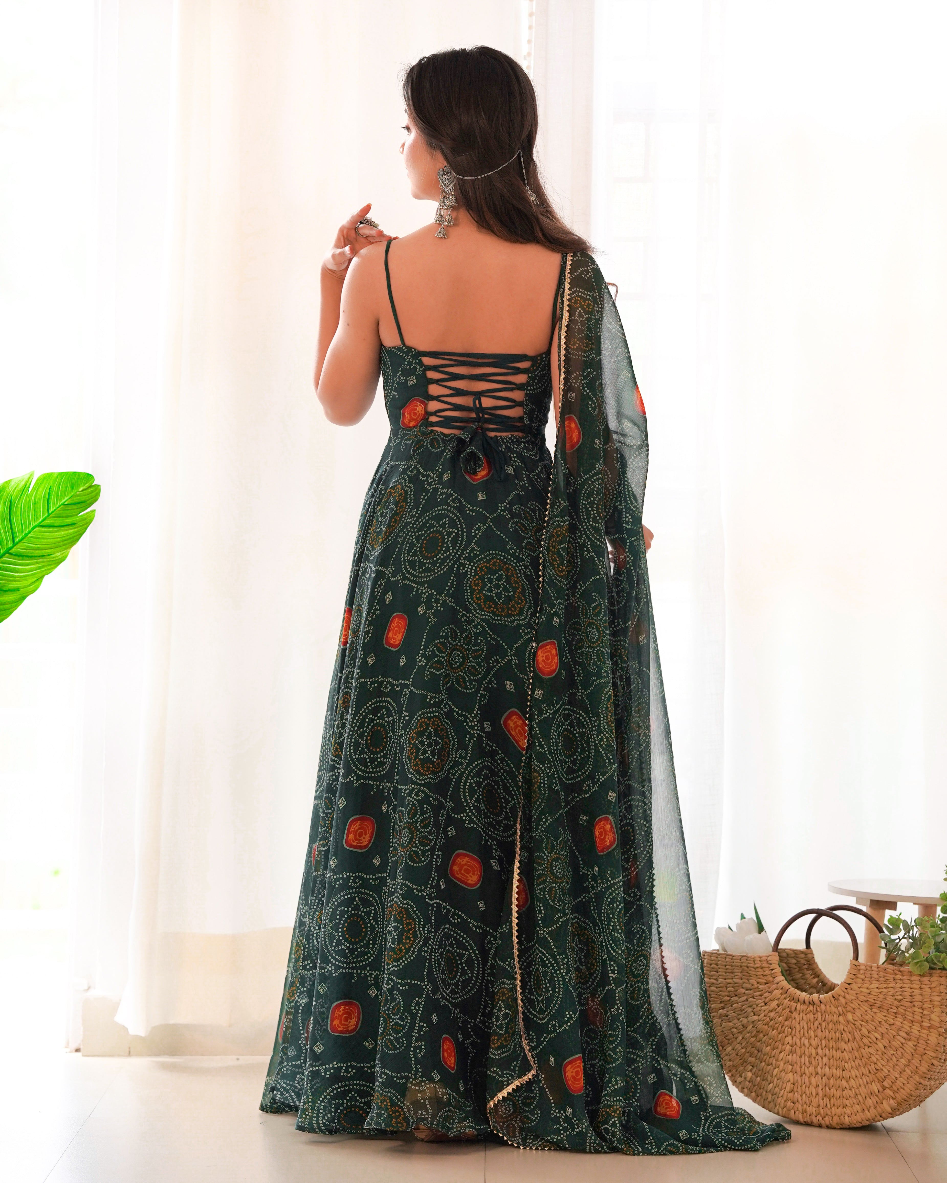 DARK GREEN-Fully Stitched Ready To Wear Pure Soft Chiffon Bandhej Fabric Gown Pair.