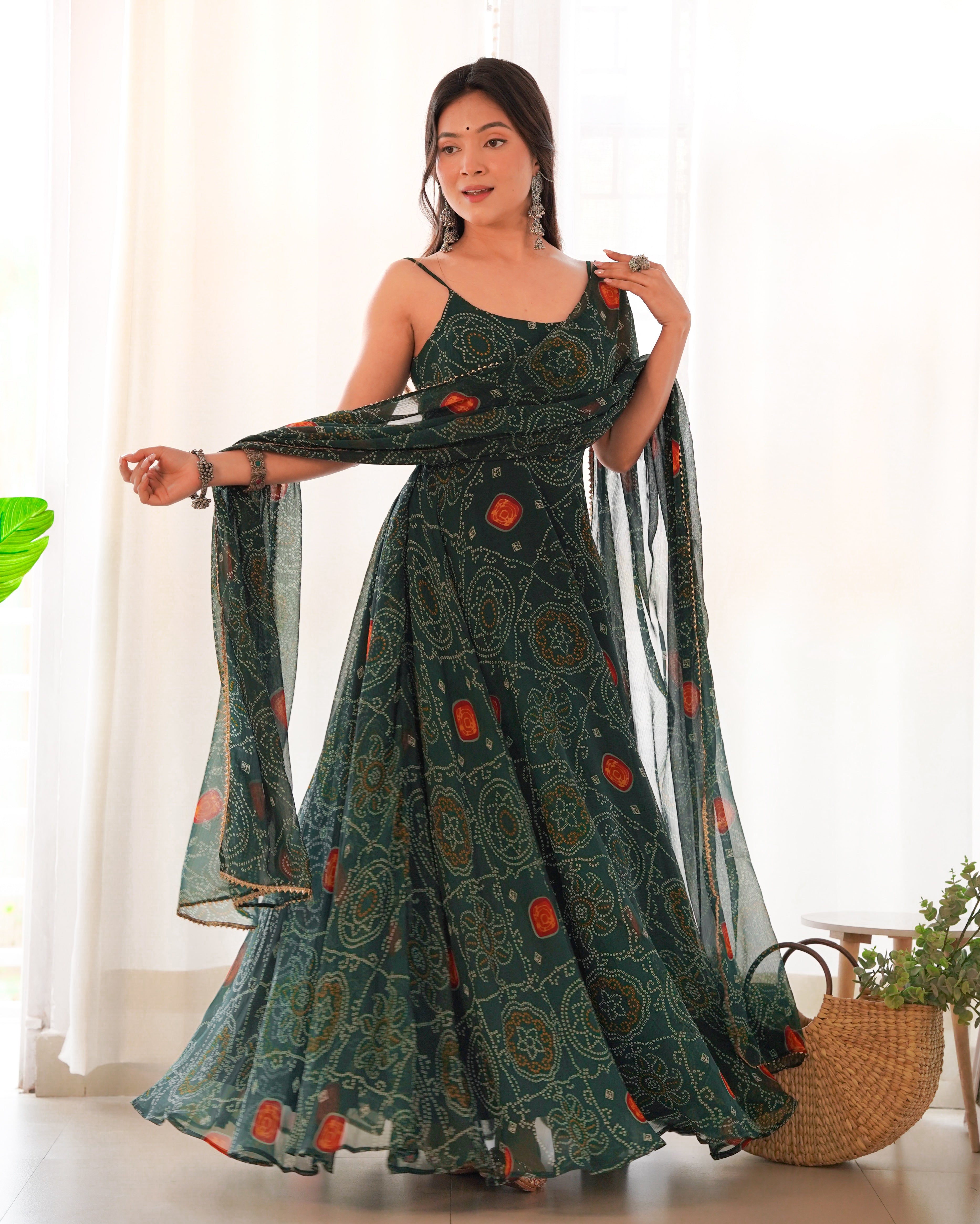 DARK GREEN-Fully Stitched Ready To Wear Pure Soft Chiffon Bandhej Fabric Gown Pair.