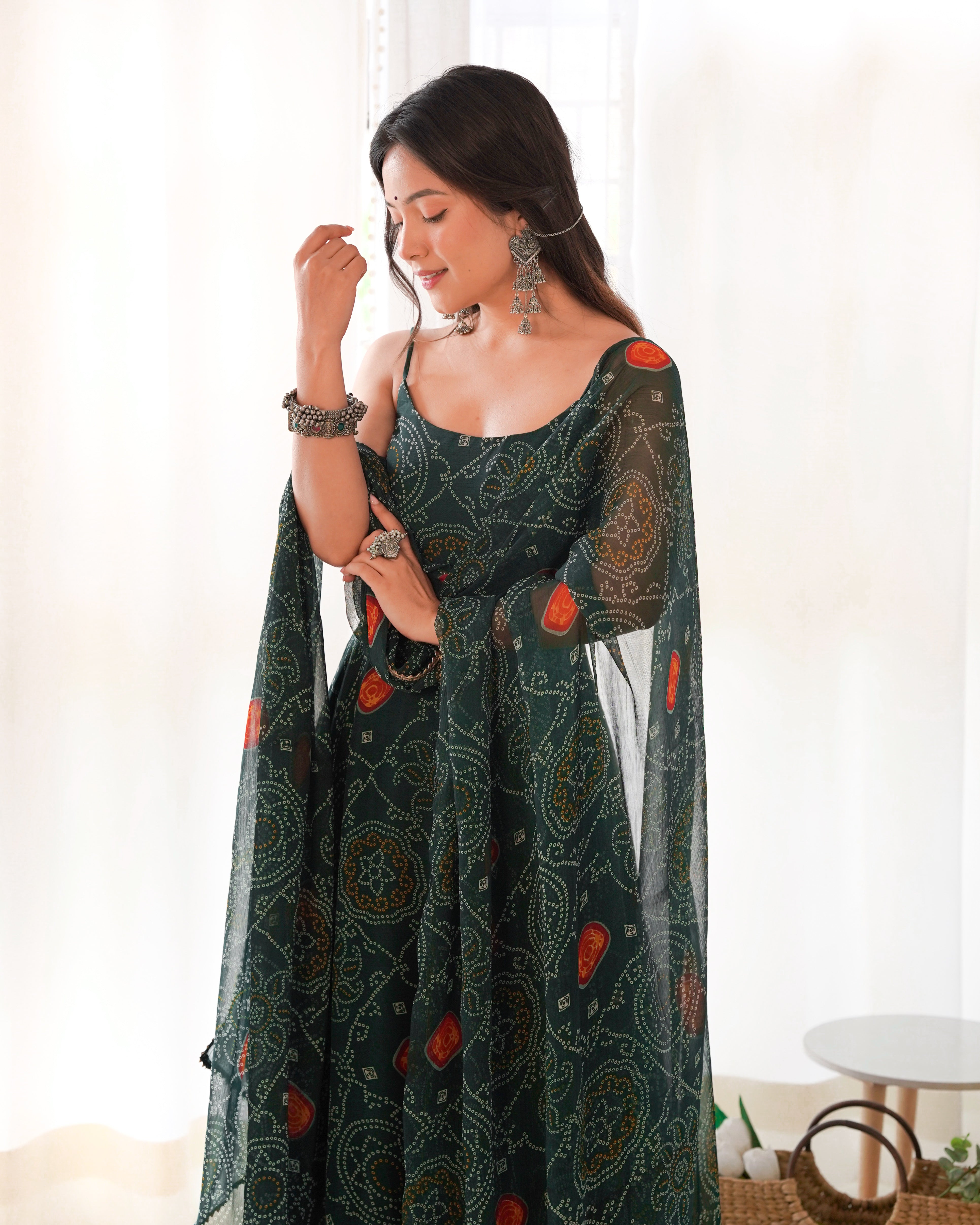 DARK GREEN-Fully Stitched Ready To Wear Pure Soft Chiffon Bandhej Fabric Gown Pair.