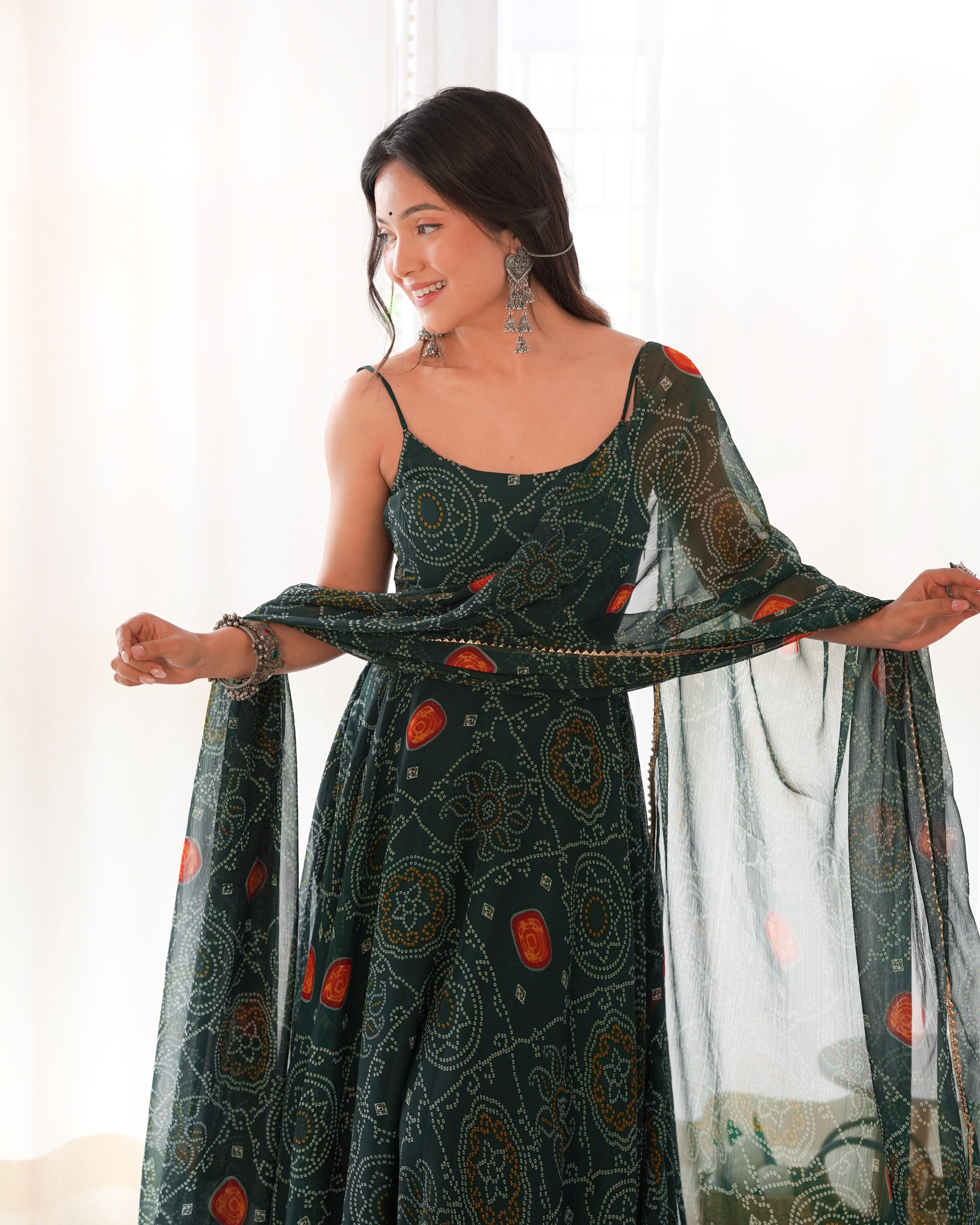 DARK GREEN-Fully Stitched Ready To Wear Pure Soft Chiffon Bandhej Fabric Gown Pair.