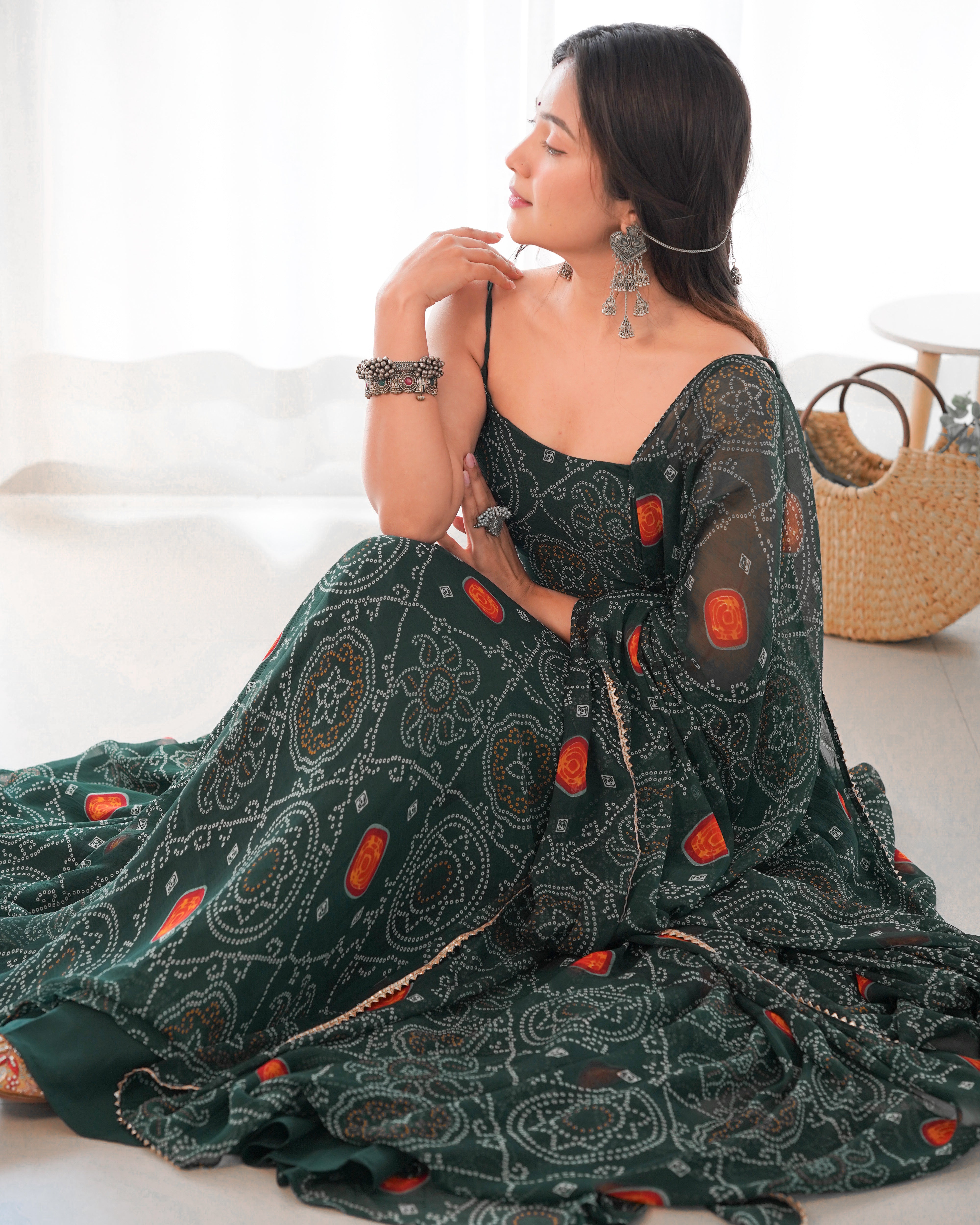 DARK GREEN-Fully Stitched Ready To Wear Pure Soft Chiffon Bandhej Fabric Gown Pair.