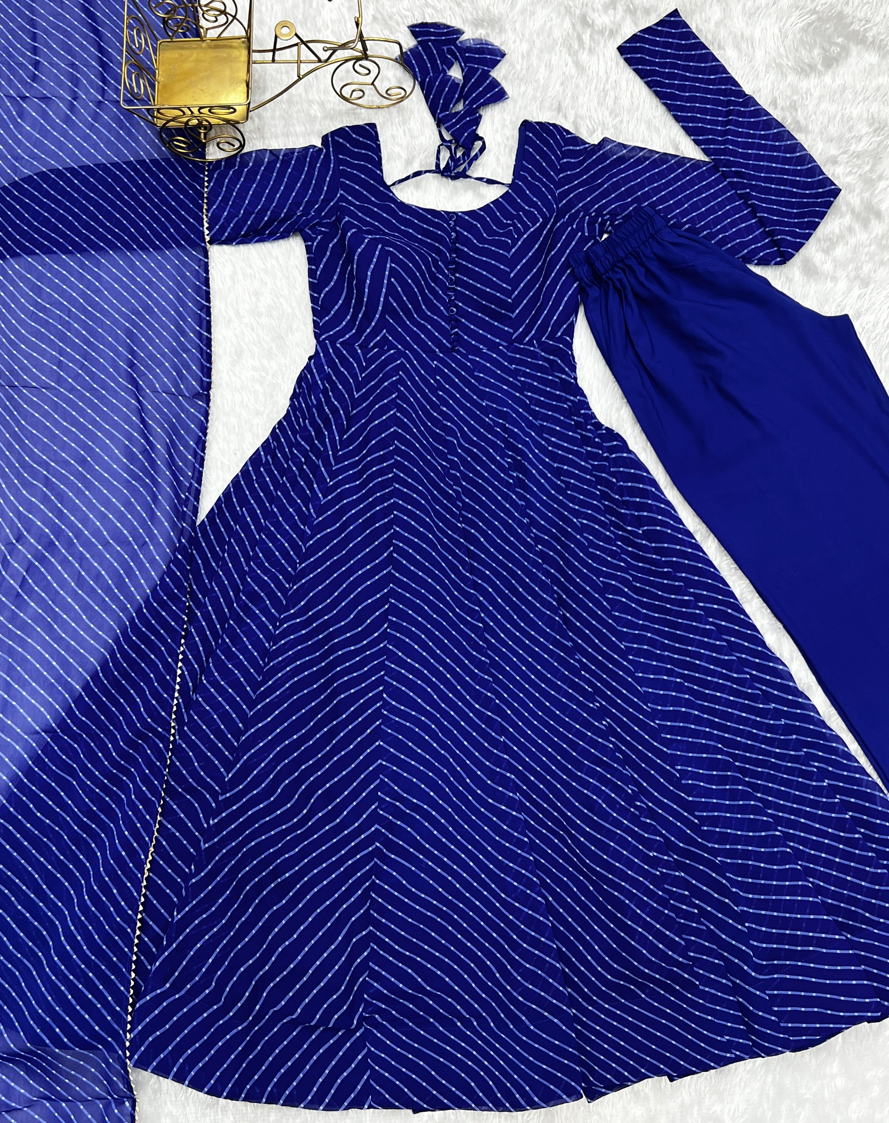 ROYALBLUE-Fully Stitched Ready To Wear Pure Soft Fox Georgette Laheriya Print Fabric Fully Flair Anarkali Gown Set.