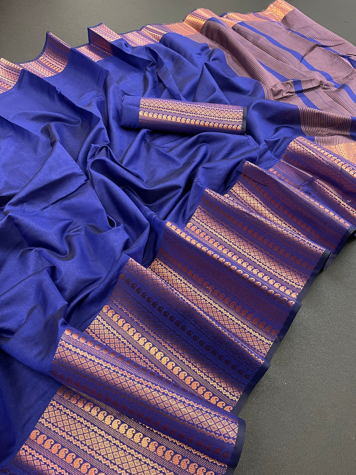 Royal Blue Copper Design Mango Kanjivaram Silk Saree