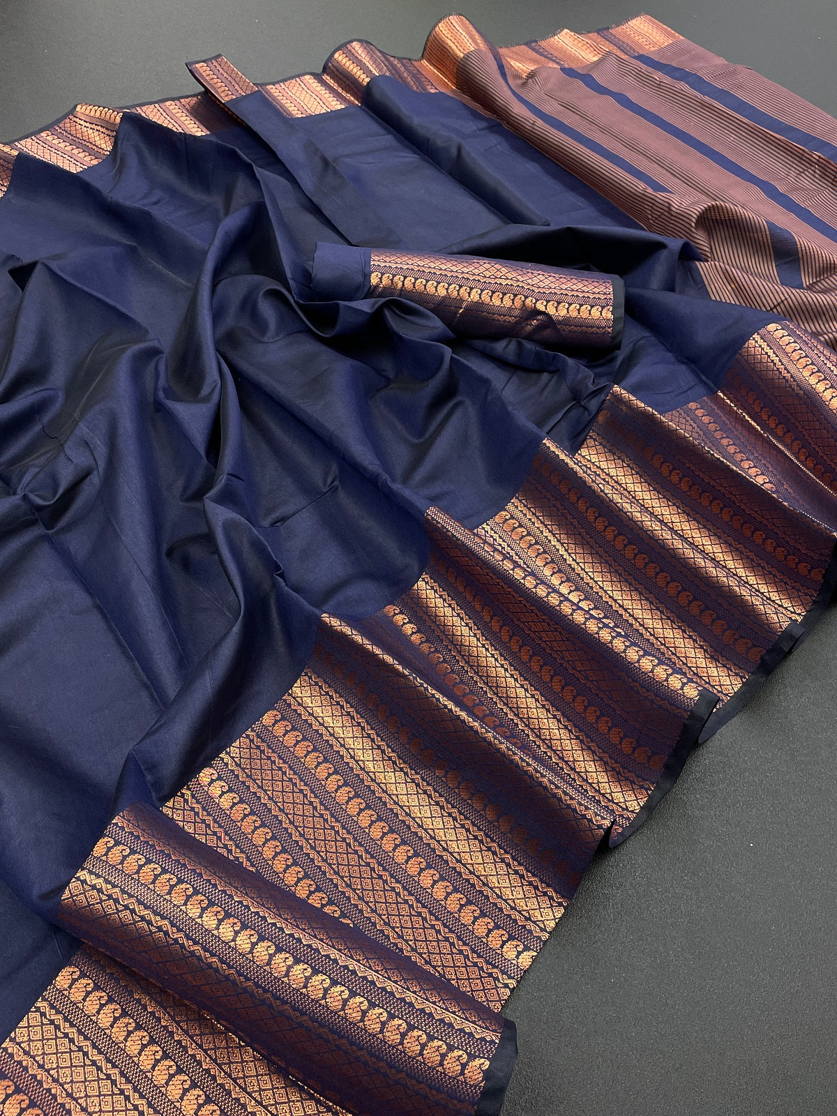 Navy Blue Copper Design Mango Kanjivaram Silk Saree