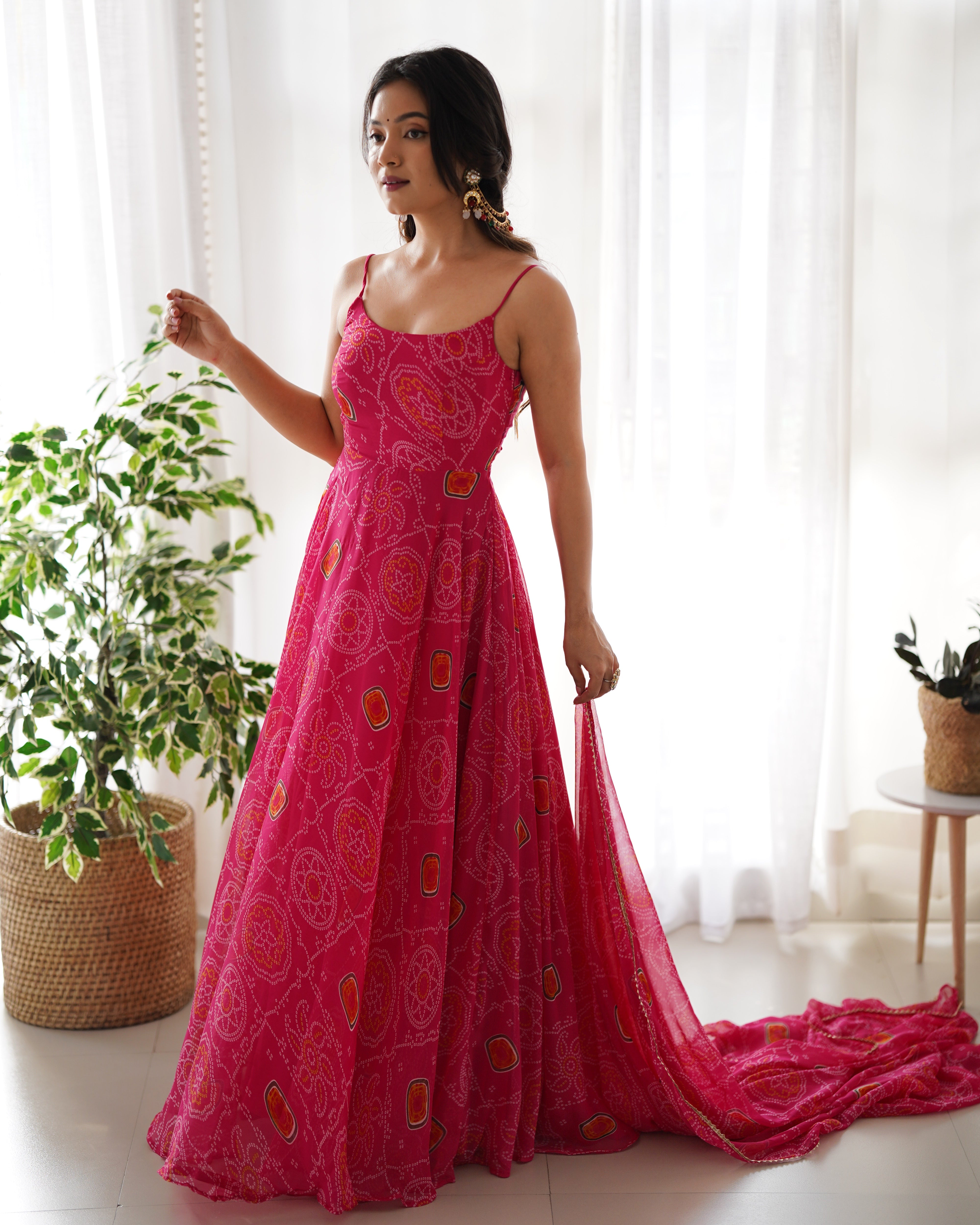 PINK BANDHEJ -Fully Stitched Ready To Wear Pure Soft Chiffon Bandhej Fabric Gown Pair.