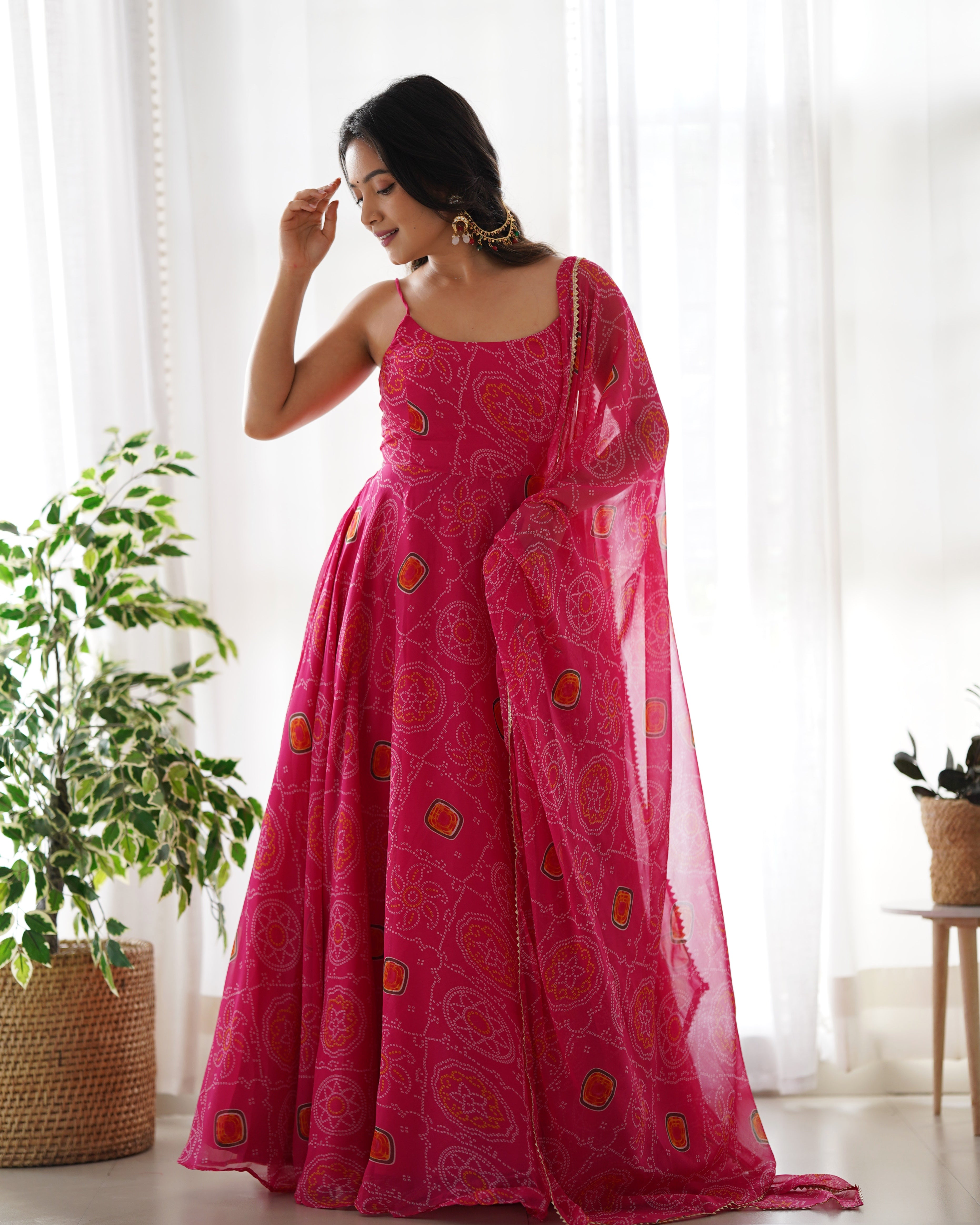 PINK BANDHEJ -Fully Stitched Ready To Wear Pure Soft Chiffon Bandhej Fabric Gown Pair.