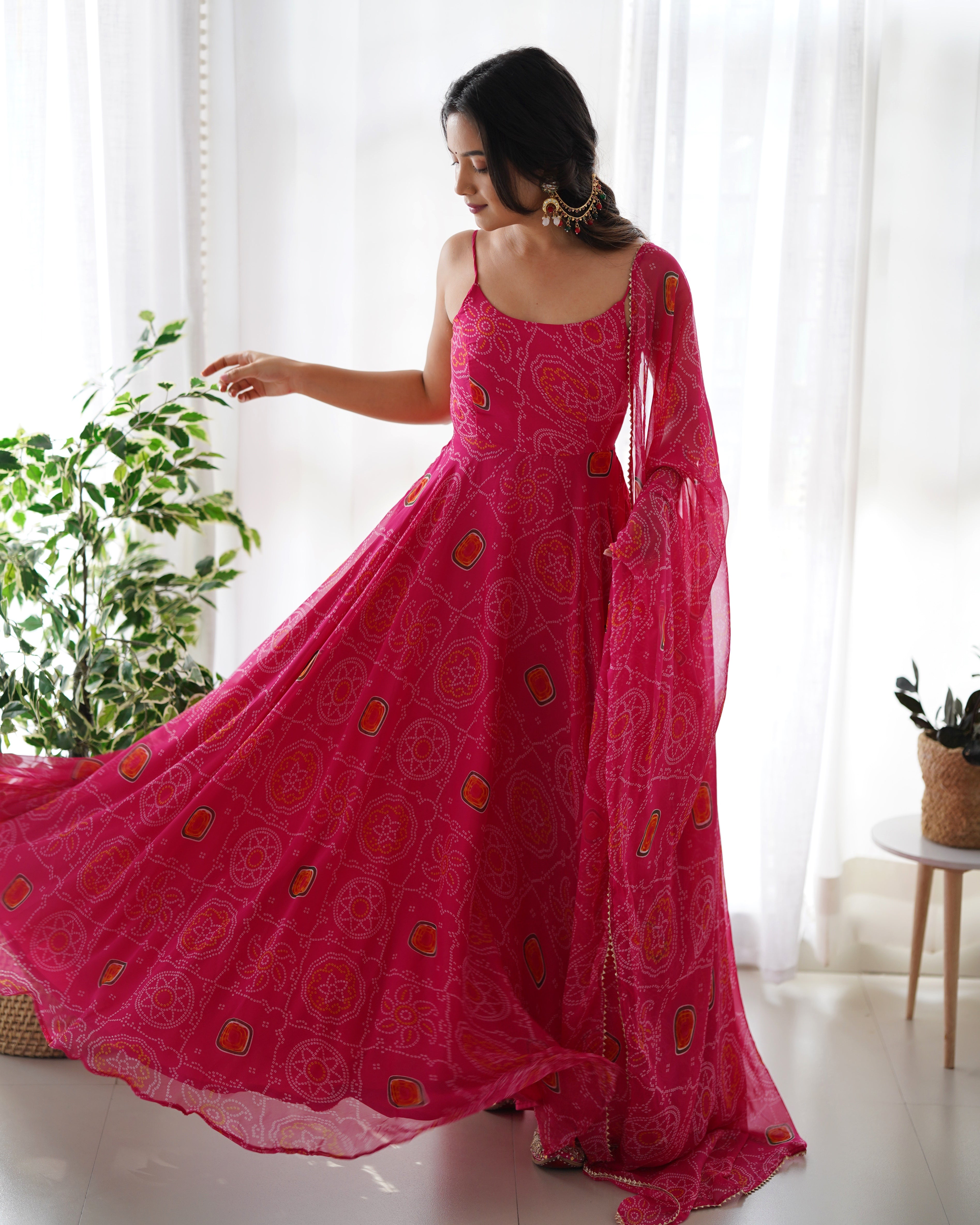 PINK BANDHEJ -Fully Stitched Ready To Wear Pure Soft Chiffon Bandhej Fabric Gown Pair.