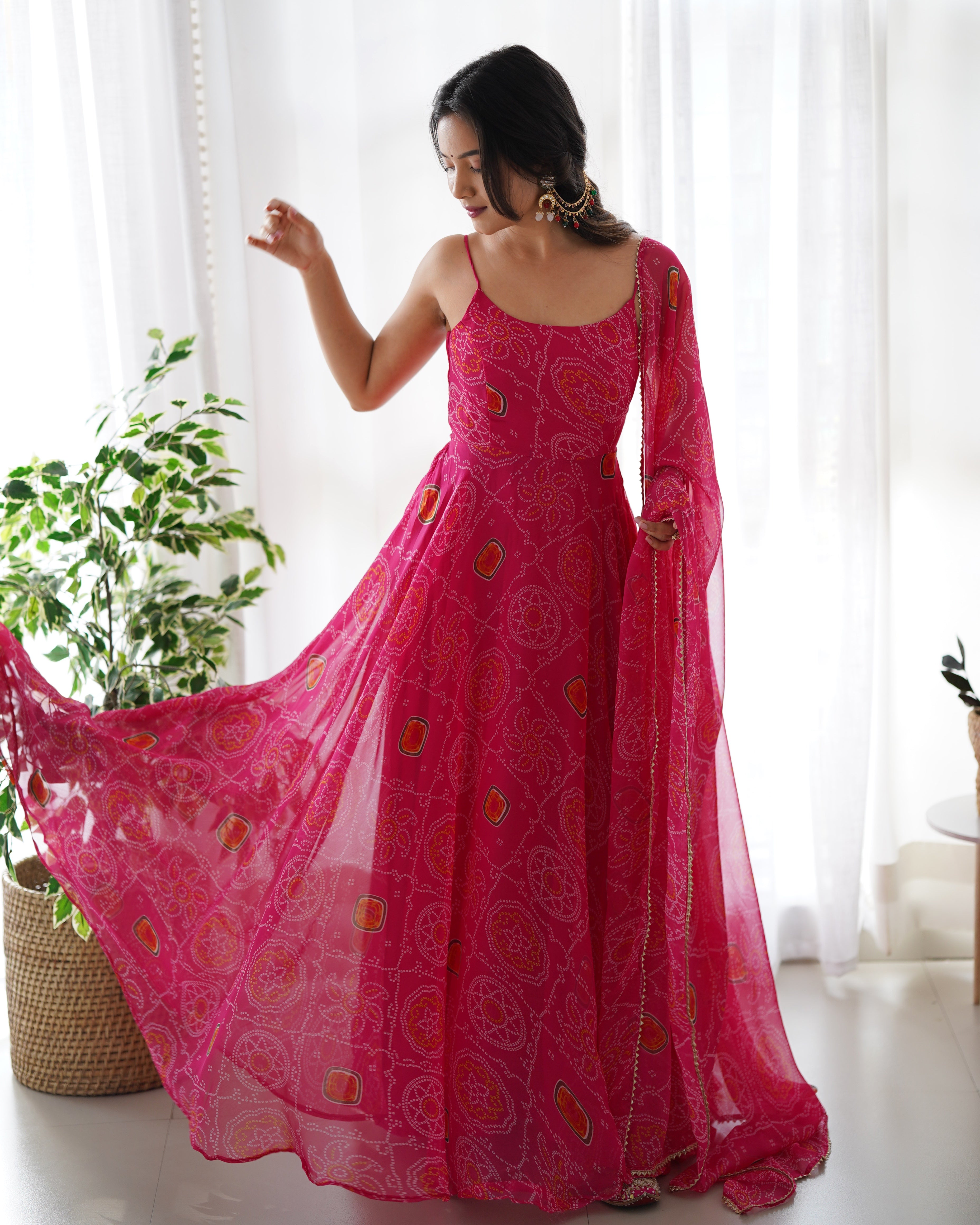 PINK BANDHEJ -Fully Stitched Ready To Wear Pure Soft Chiffon Bandhej Fabric Gown Pair.