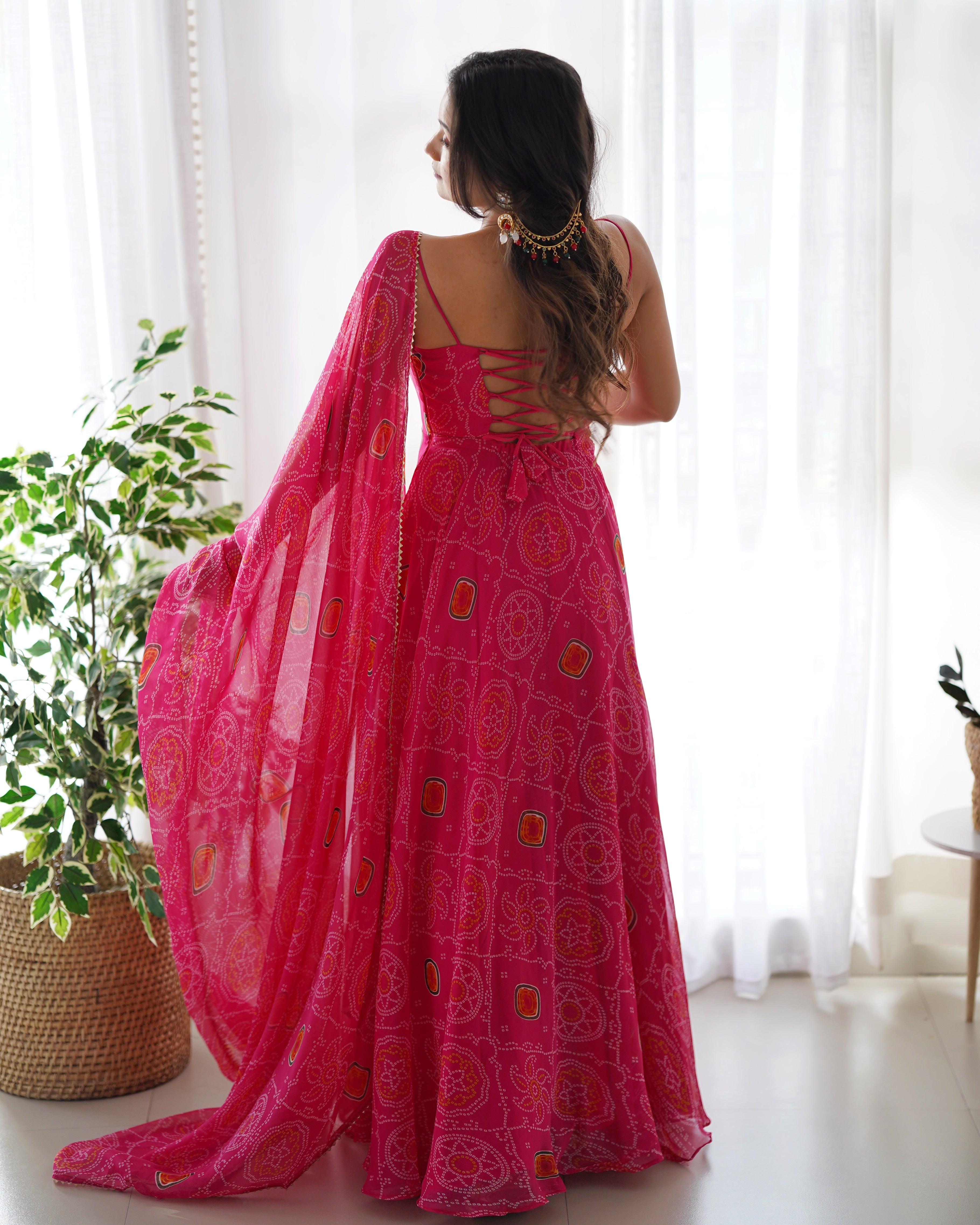 PINK BANDHEJ -Fully Stitched Ready To Wear Pure Soft Chiffon Bandhej Fabric Gown Pair.