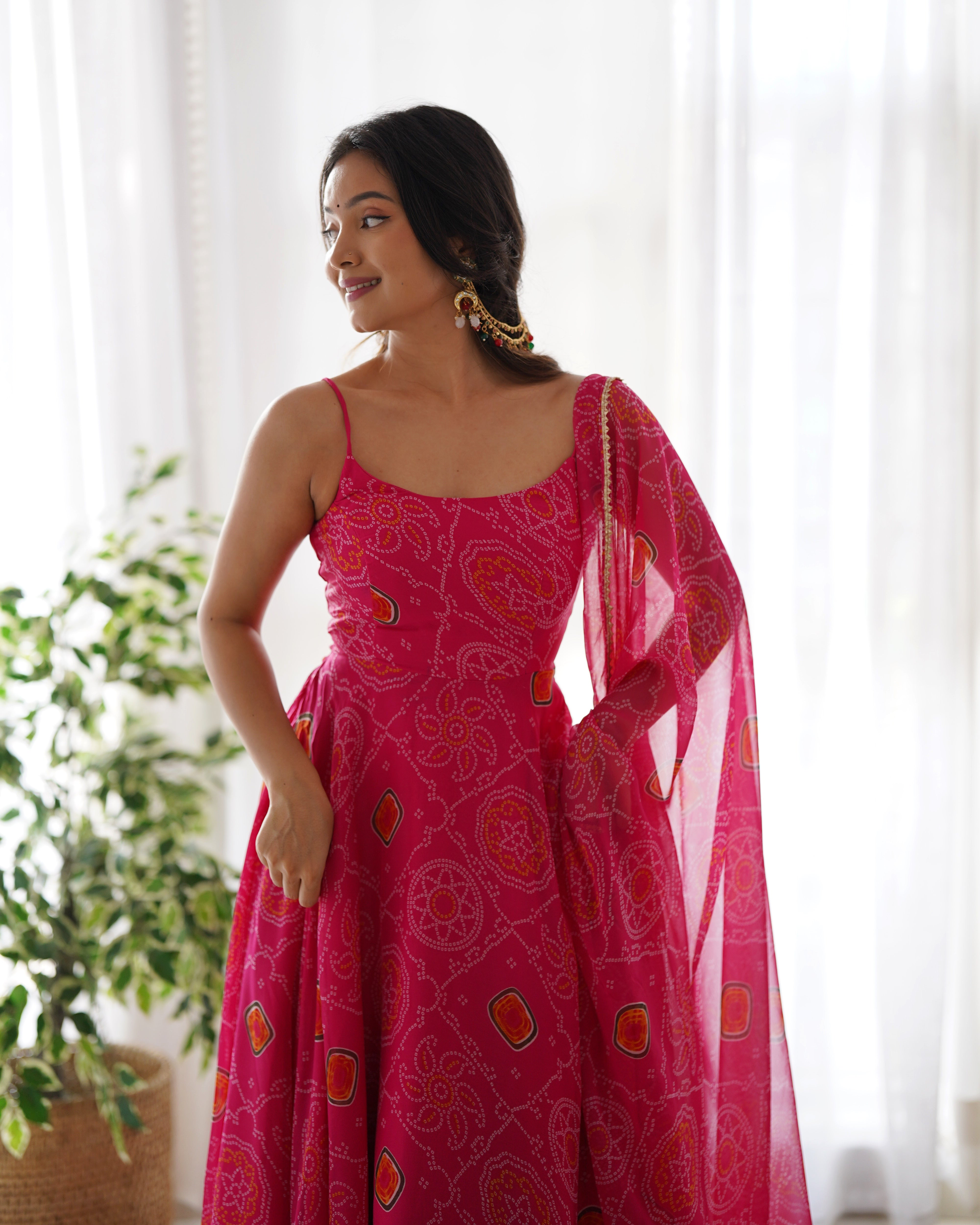 PINK BANDHEJ -Fully Stitched Ready To Wear Pure Soft Chiffon Bandhej Fabric Gown Pair.