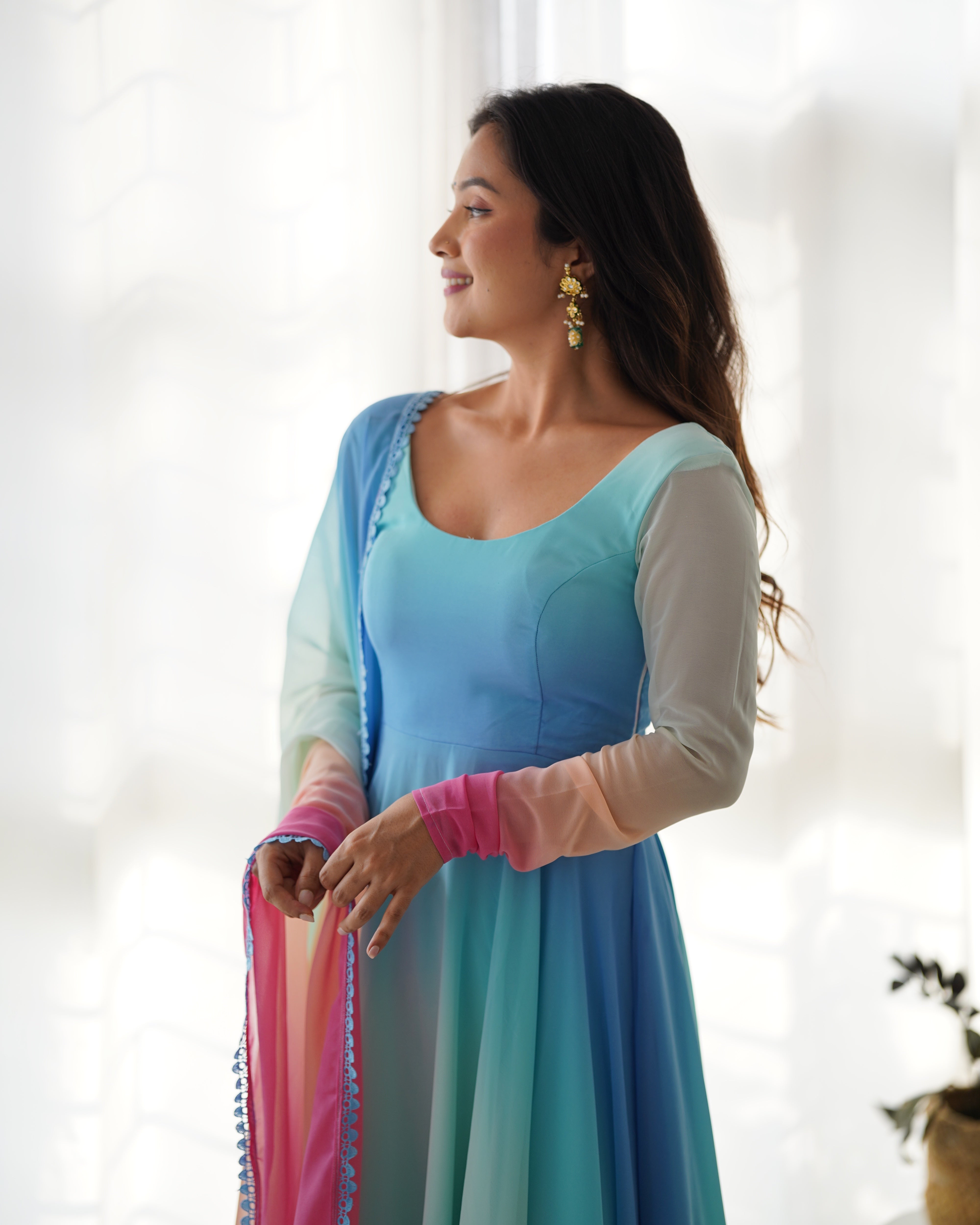 PADDING-Fully Stitched Ready To Wear Soft Fox Georgette Fabric Fully Flair Anarkali Gown.