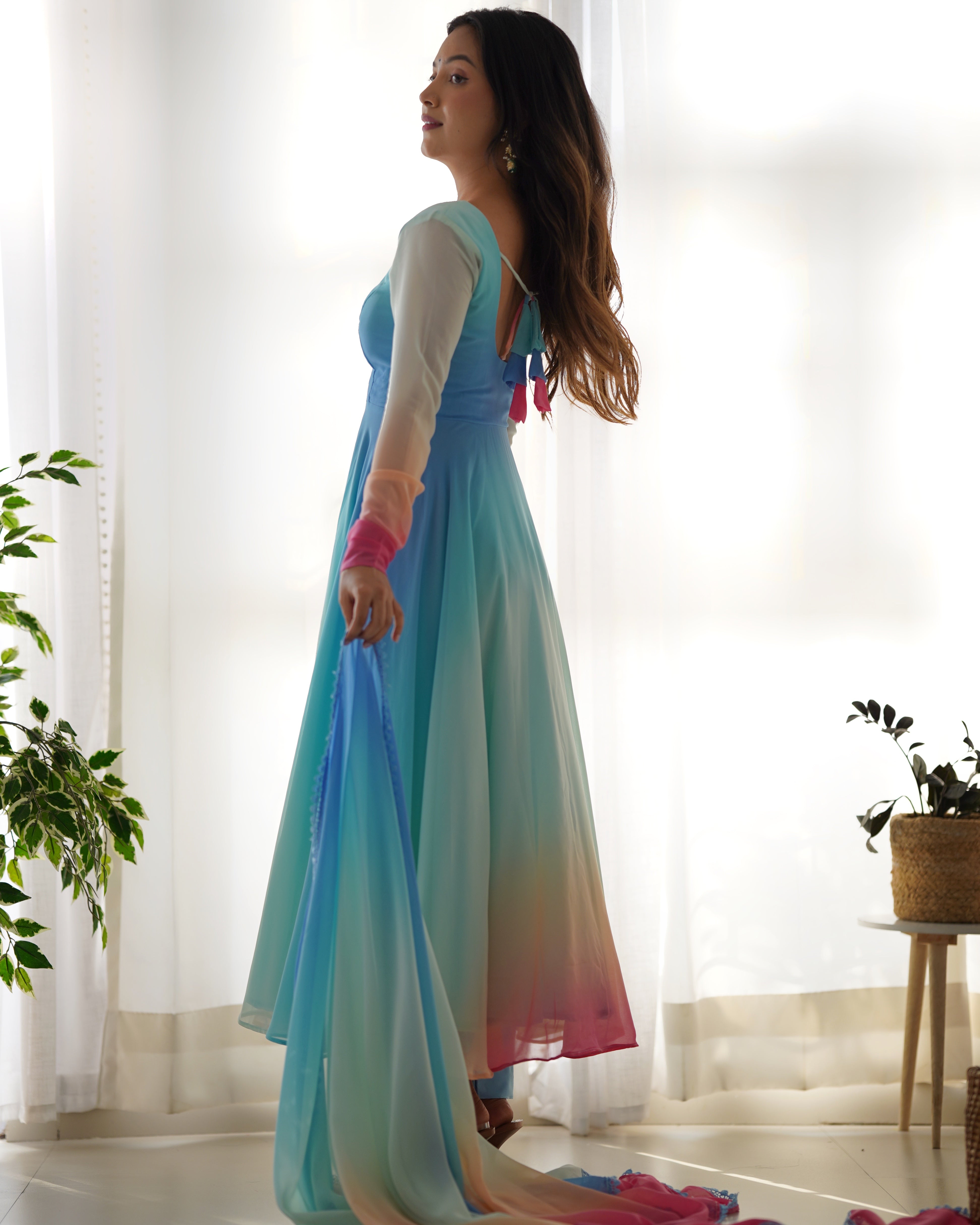 PADDING-Fully Stitched Ready To Wear Soft Fox Georgette Fabric Fully Flair Anarkali Gown.