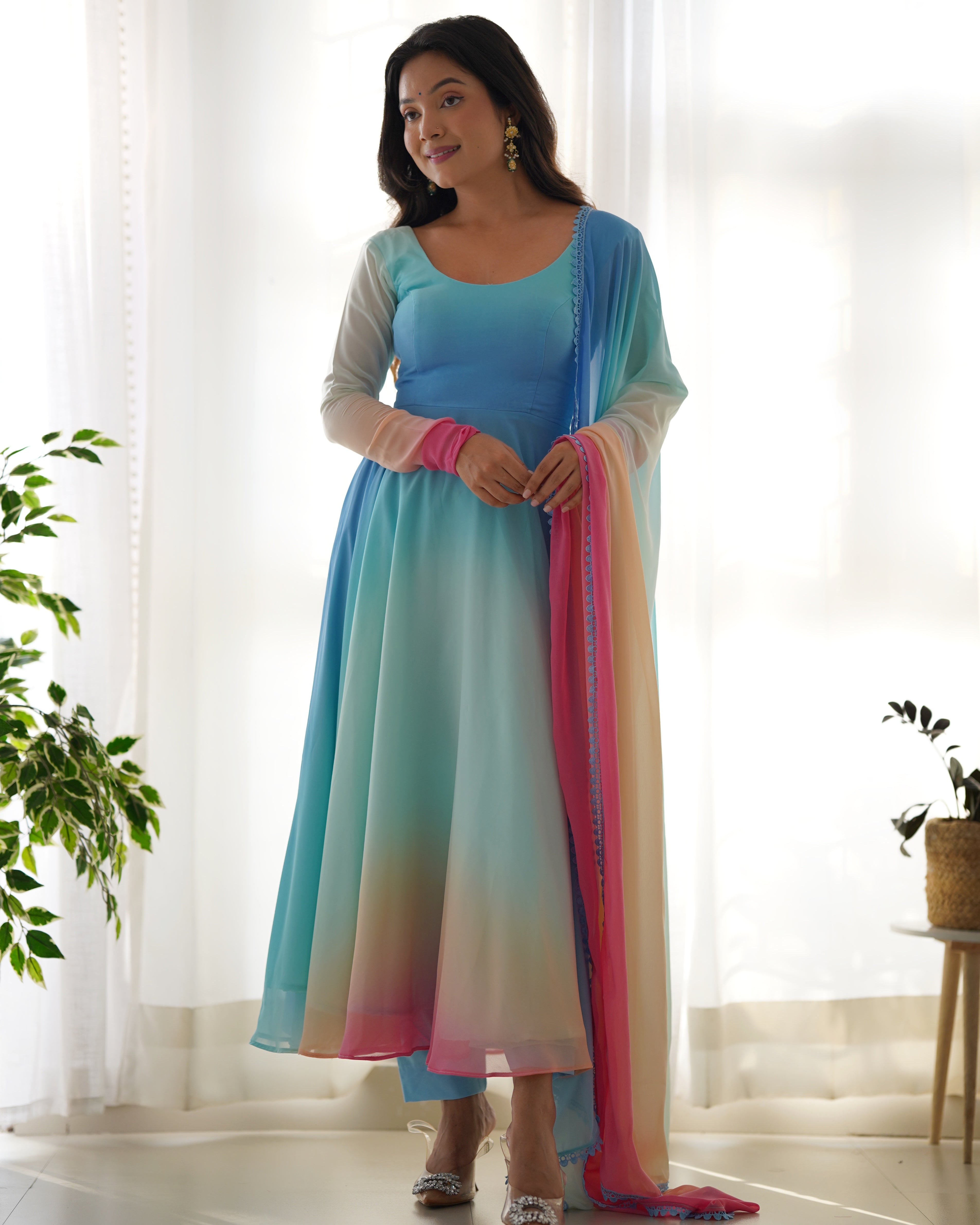 PADDING-Fully Stitched Ready To Wear Soft Fox Georgette Fabric Fully Flair Anarkali Gown.